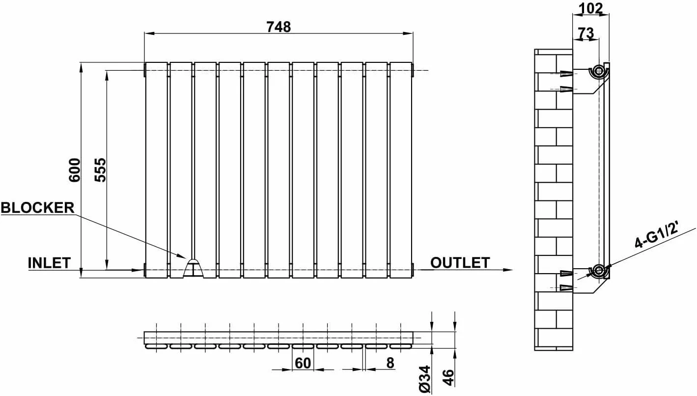 رادیاتور افقی حمام GY سفید پنل تخت طراح 600x748 میلی متر تک رادیاتور شوفاژ مدرن
