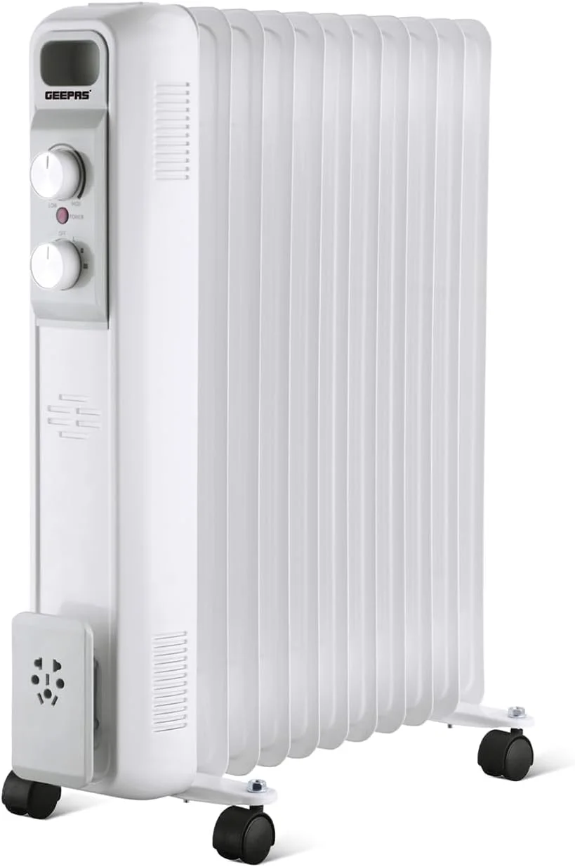 بخاری رادیاتوری روغنی Geepas، 2500 وات - بخاری برقی قابل حمل - 3 تنظیمات قدرت، دمای قابل تنظیم و ترموستات، قطع کننده ایمنی - ایده آل برای دفتر کار خانگی - 11 پره، سفید