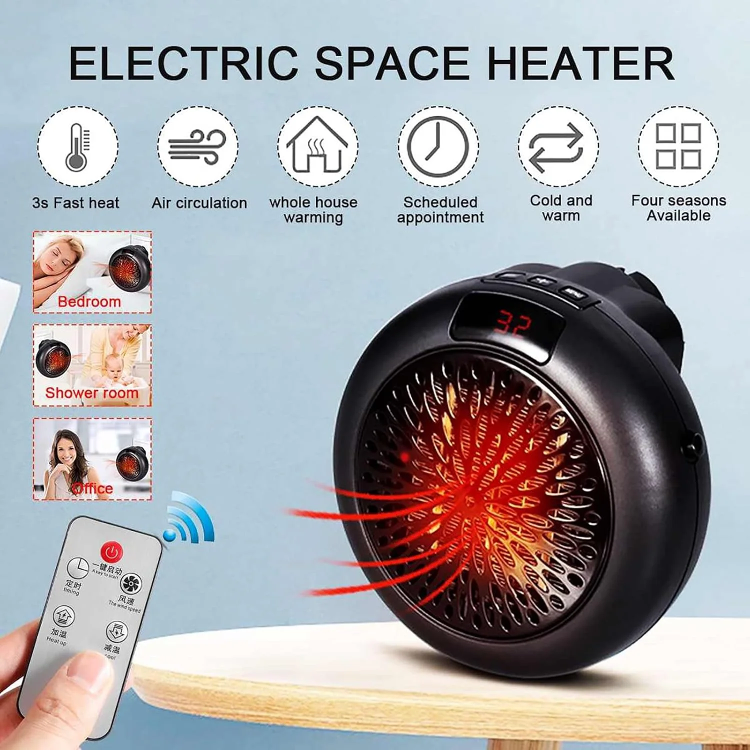 فن رادیاتور پلاگین کوچک قابل حمل BLUNOA 900 واتی، گرمایش فضایی شخصی کوچک، گرمایش اتاق با صفحه نمایش LED دیجیتال، ترموستات قابل تنظیم (رنگ: سفید)