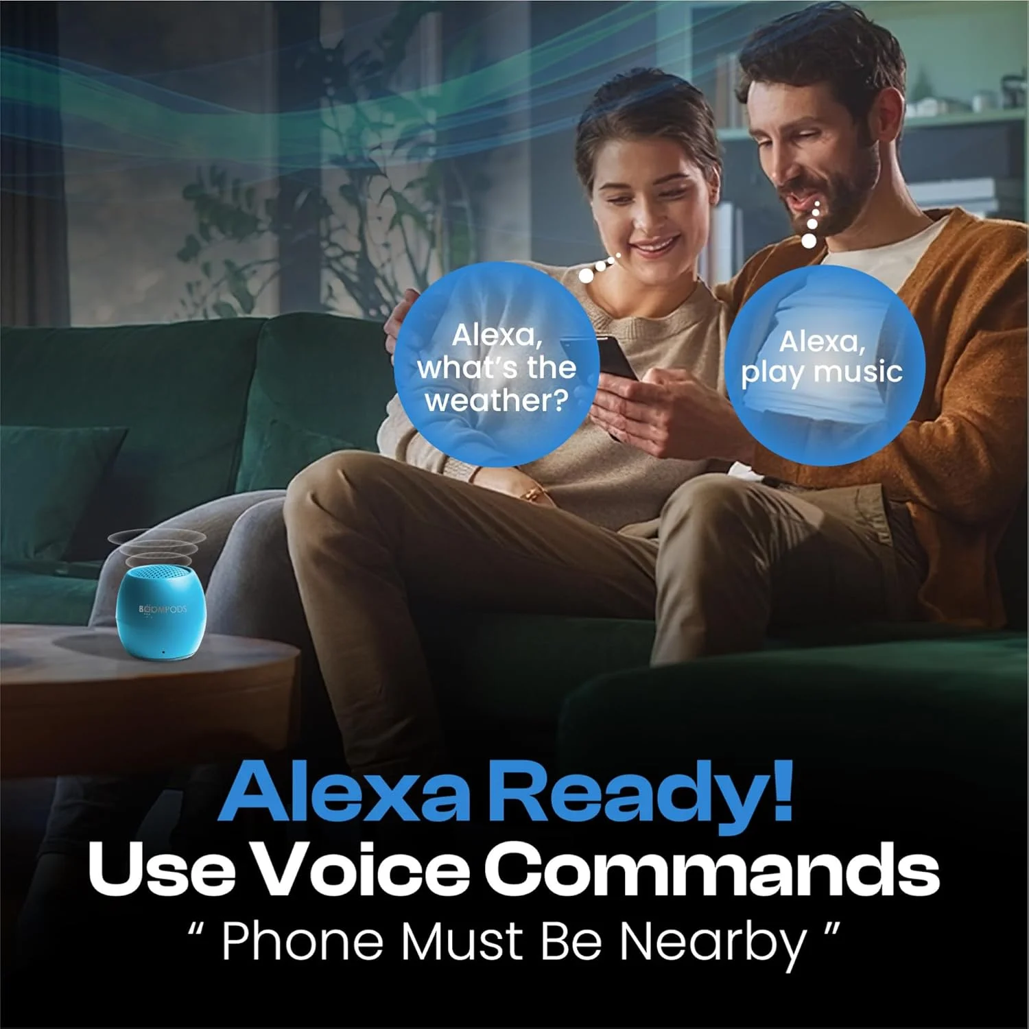 اسپیکر بلوتوثی کوچک Boompods Zero Talk Mini با الکسا داخلی، دستگاه های هوشمند - اسپیکر بی سیم کوچک ضد آب IPX6، 5 ساعت پخش، قابل حمل برای مسافرت، حمام و آیفون، آبی
