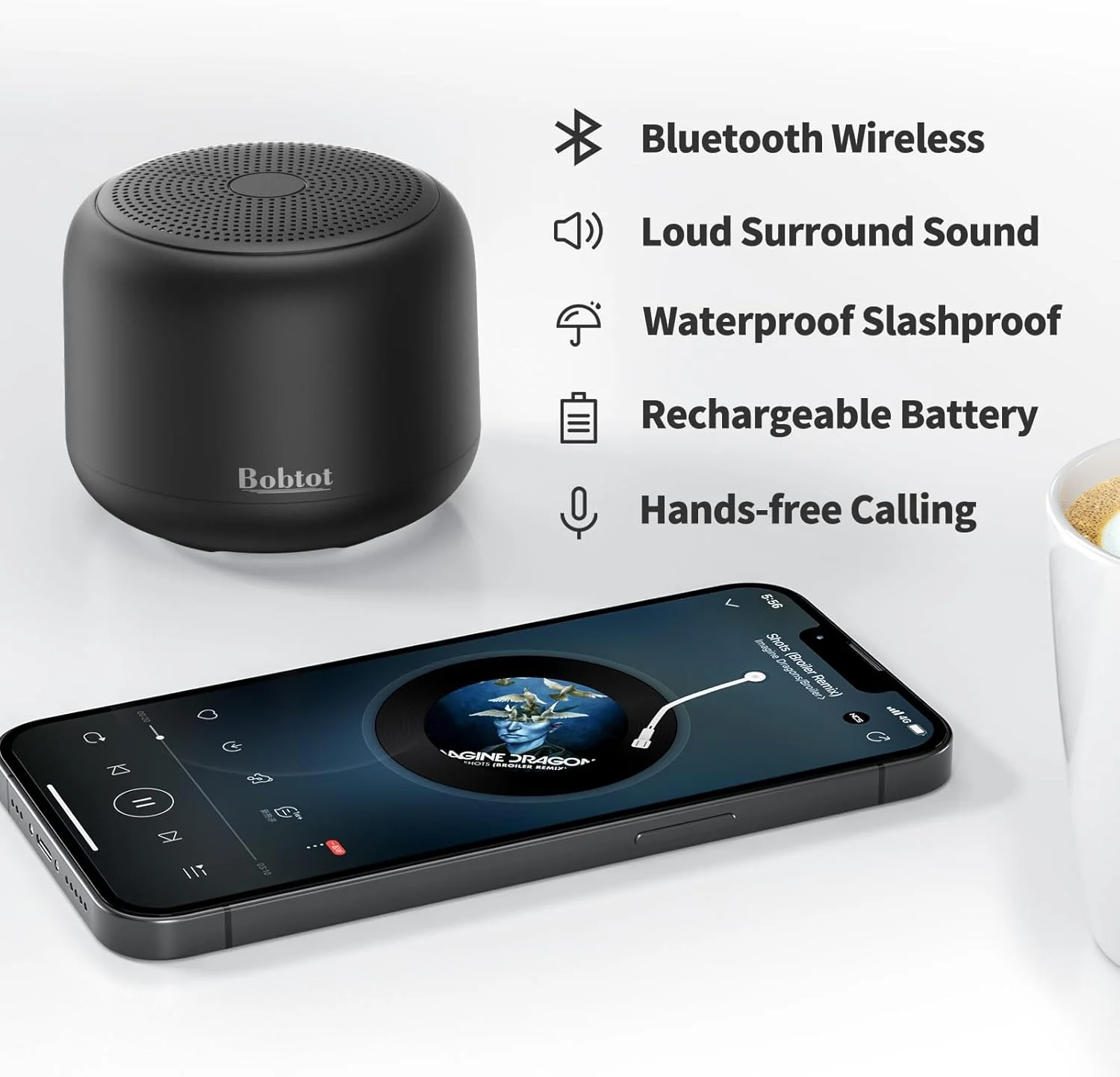 اسپیکر بلوتوثی قابل حمل Bobtot با بند حمل آسان، اسپیکر مینی بی سیم ضد آب IPX5 با صدای استریو بلند، 20 ساعت پخش، باتری قابل شارژ، میکروفون داخلی، مشکی