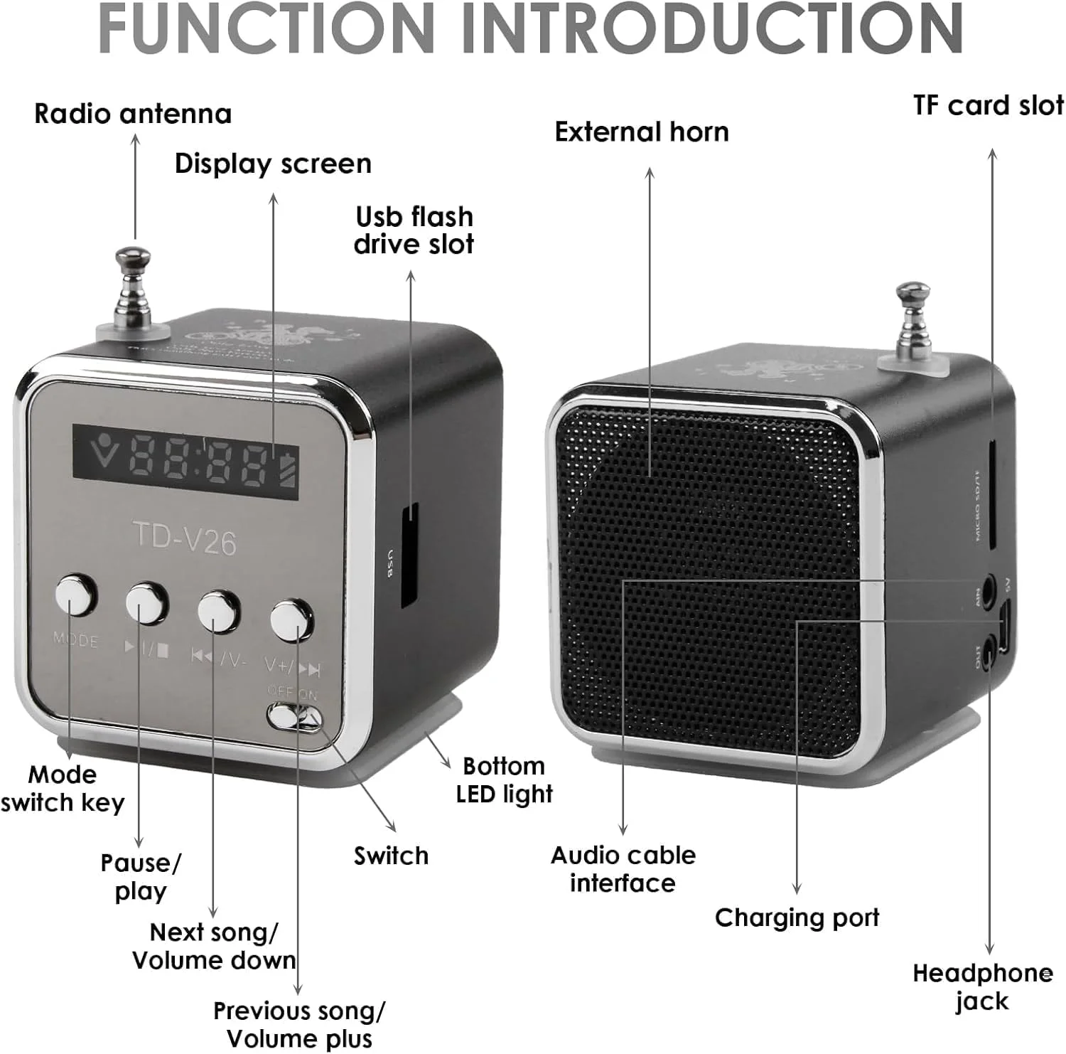 اسپیکر بلوتوثی مینی، پخش کننده موسیقی قابل حمل، رادیو FM استریو، کامپیوتر، MP3، پشتیبانی از کارت حافظه Micro SD TF USB (مشکی)