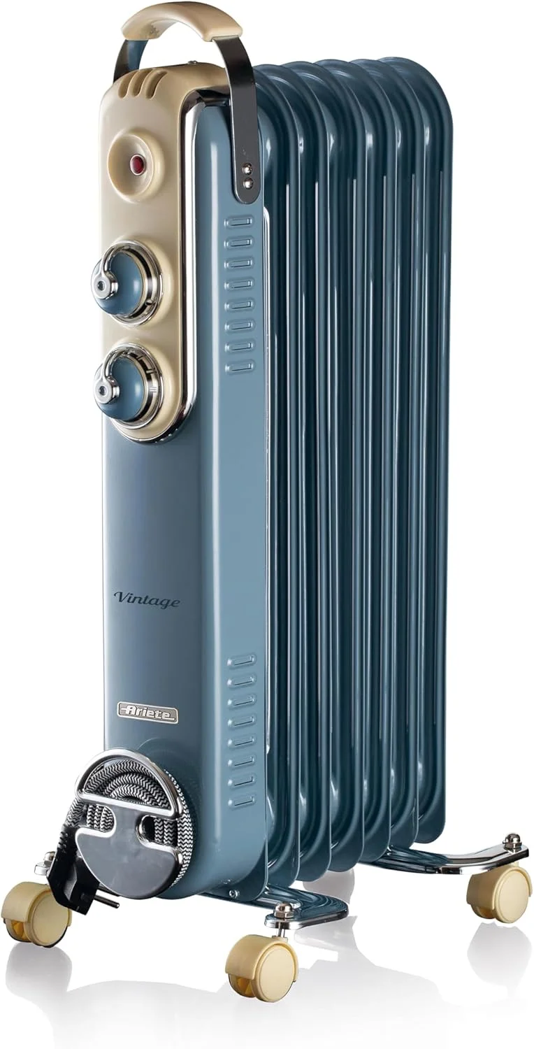 رادیاتور روغنی وینتیج آریته با 7 پره گرمایشی، دمای قابل تنظیم در 3 سطح قدرت 600 وات، 900 وات، 1500 وات، چرخ های گردان، بخاری سریع اتاق ایده آل برای اتاق خواب، خانه و دفتر - آبی ART837/05