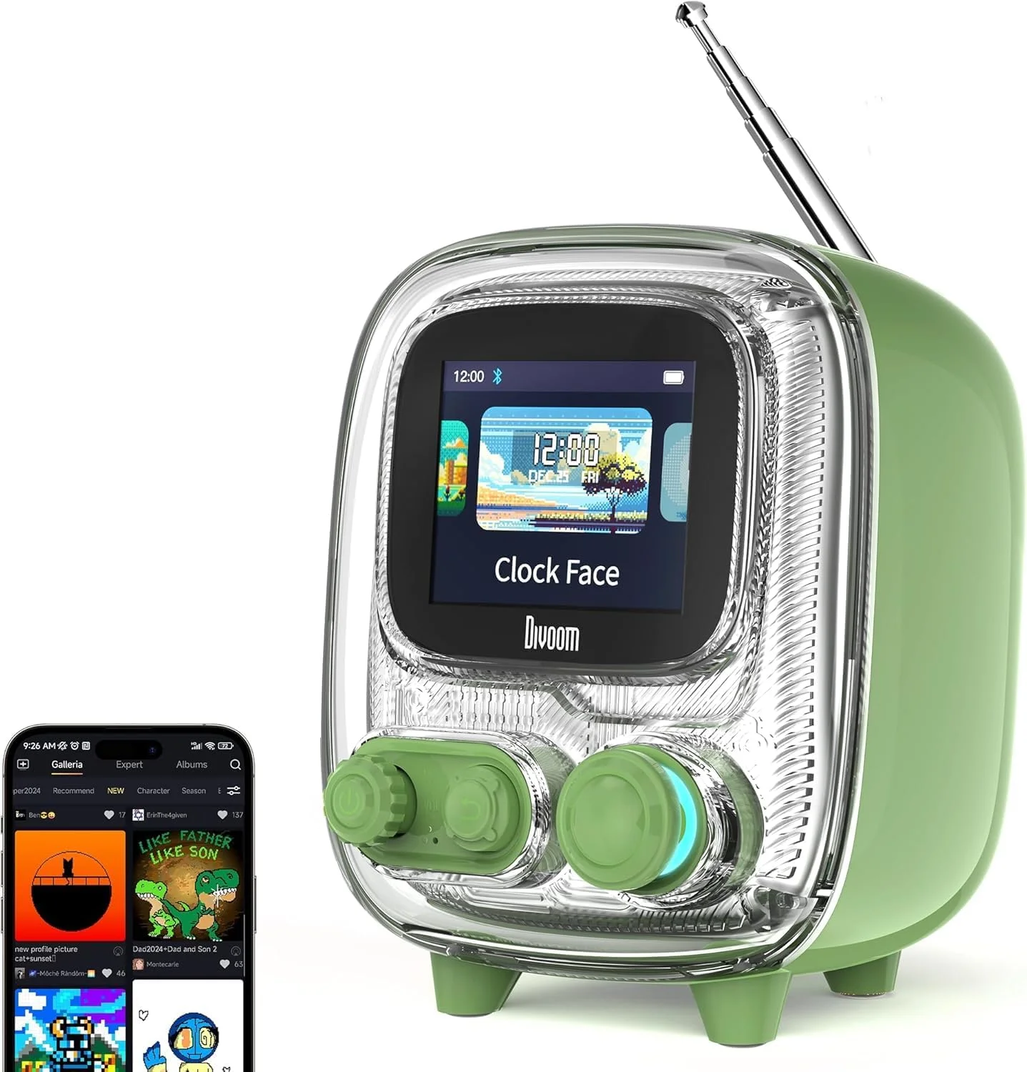 اسپیکر بلوتوث قابل حمل Tiivoo-2 با رادیو FM، اسپیکر بی سیم مینیاتوری رترو Pixel Art، دکور وینتیج برای مهمانی، میز کار، خانه، اتاق خواب، آشپزخانه، سبز رترو