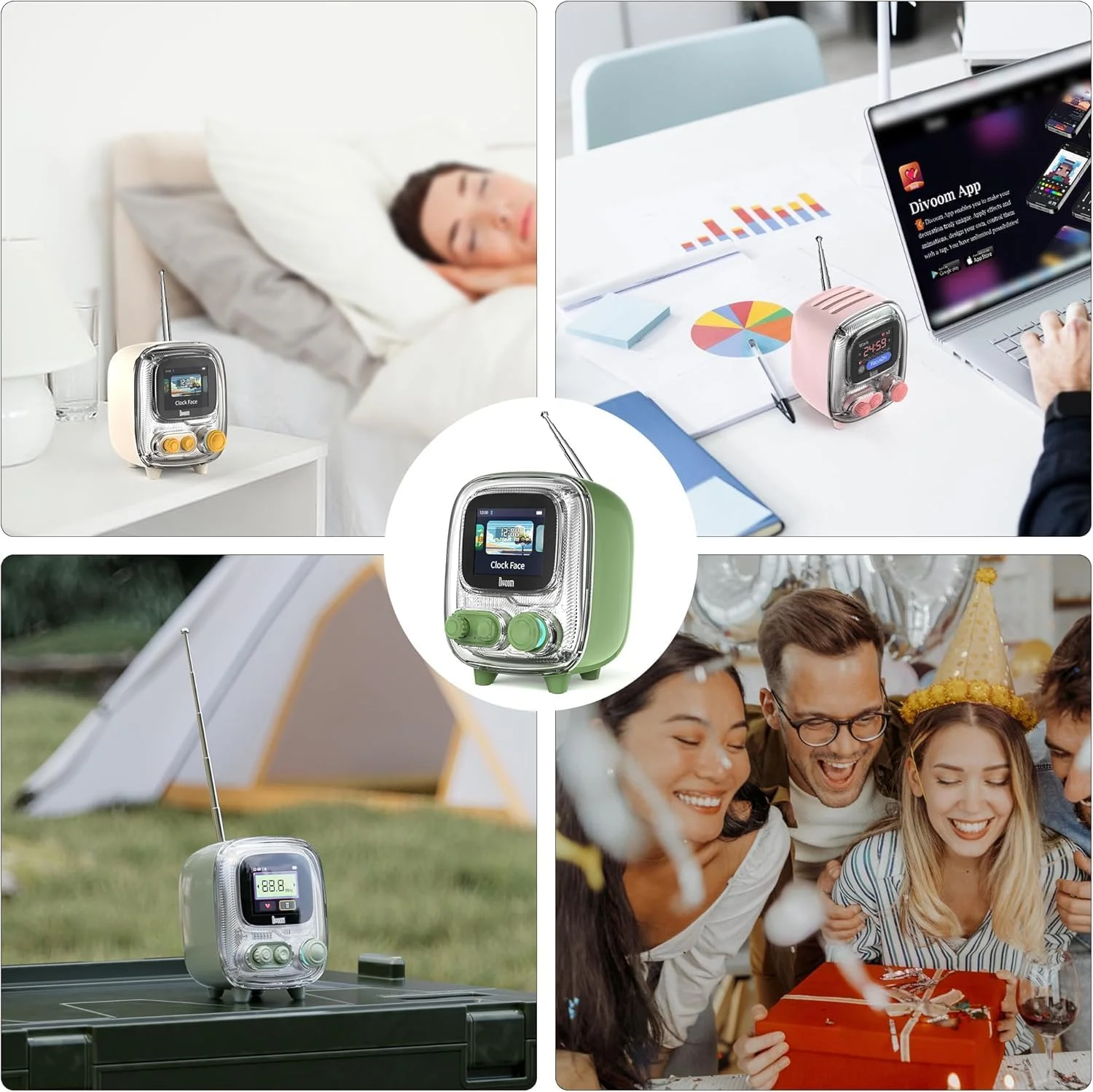 اسپیکر بلوتوث قابل حمل Tiivoo-2 با رادیو FM، اسپیکر بی سیم مینیاتوری رترو Pixel Art، دکور وینتیج برای مهمانی، میز کار، خانه، اتاق خواب، آشپزخانه، سبز رترو