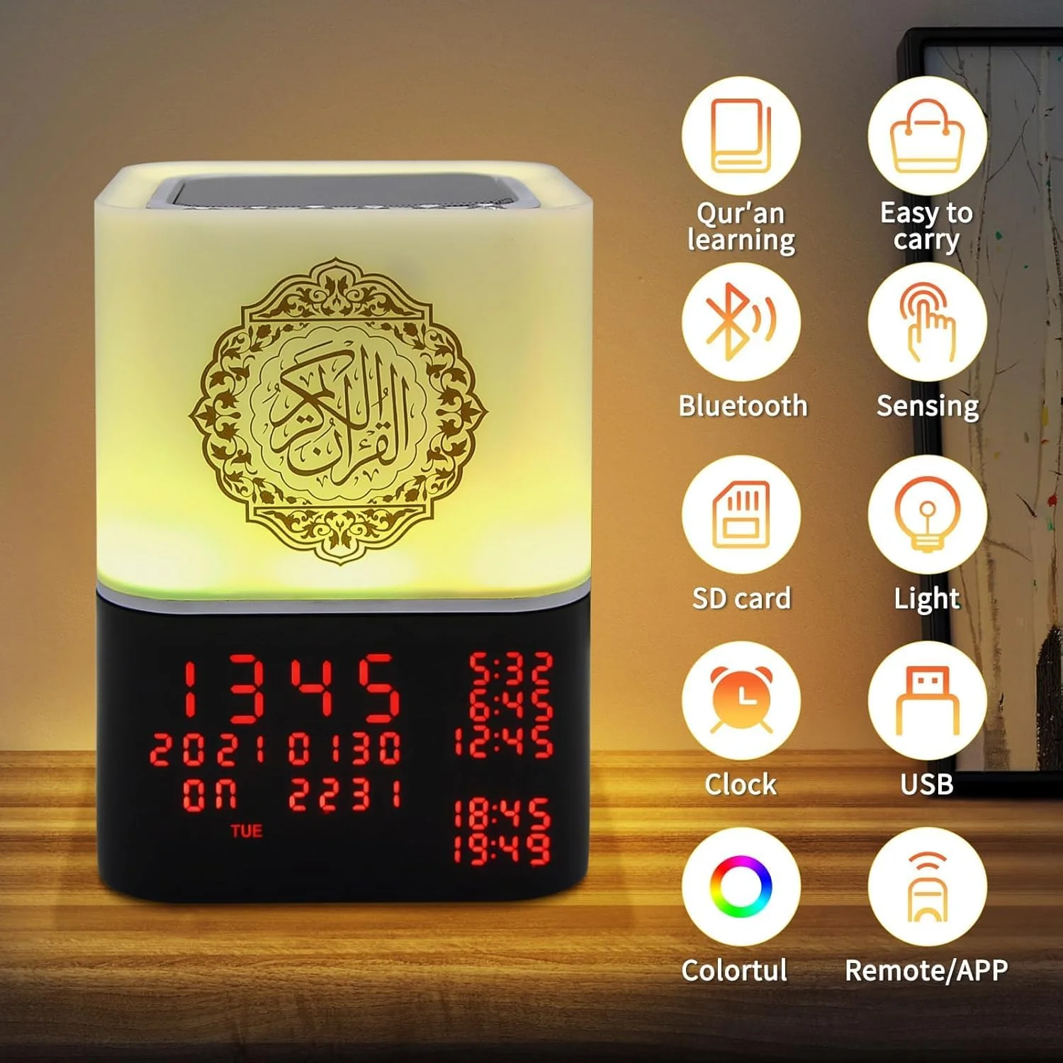 چراغ لمسی سخنگوی قرآن SQ-229 – چراغ لمسی LED با صدای قرآن، ساعت اذان، بلوتوث/MP3، حافظه 8 گیگابایتی، تلاوت چند زبانه و کنترل از راه دور/برنامه چراغ لمسی سخنگوی قرآن SQ-229 – چراغ لمسی LED با صدای قرآن، ساعت اذان، بلوتوث/MP3، حافظه 8 گیگابایتی، تلاوت چند زبانه و کنترل از راه دور/برنامه