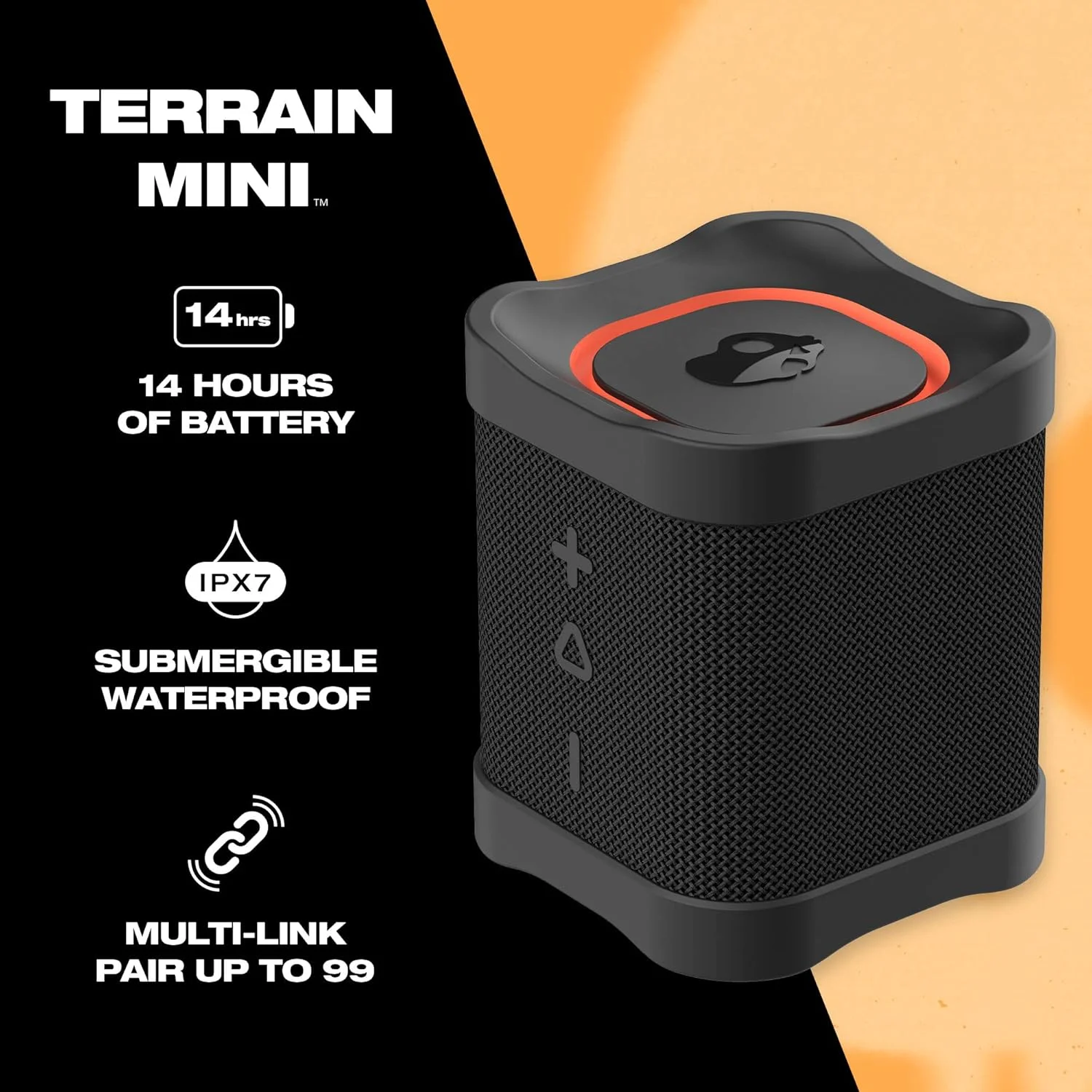 اسپیکر بلوتوثی بی سیم Skullcandy Terrain Mini - قابل حمل ضد آب IPX7 با دو رادیاتور پسیو سفارشی، باتری 14 ساعته، بند مچی نایلونی و استریو واقعی