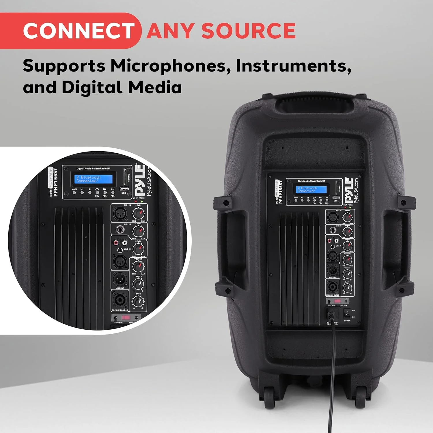 سیستم بلندگوی PA قابل حمل بی سیم Pyle PPHP155ST - بلندگوهای صوتی فعال بلوتوثی پرقدرت 1500 واتی برای فضای باز با USB SD MP3 RCA - پایه 35 میلی متری، استند، میکروفون، کابل برق، مشکی، 15 اینچ سیستم بلندگوی PA قابل حمل بی سیم Pyle PPHP155ST - بلندگوهای صوتی فعال بلوتوثی پرقدرت 1500 واتی برای فضای باز با USB SD MP3 RCA - پایه 35 میلی متری، استند، میکروفون، کابل برق، مشکی، 15 اینچ