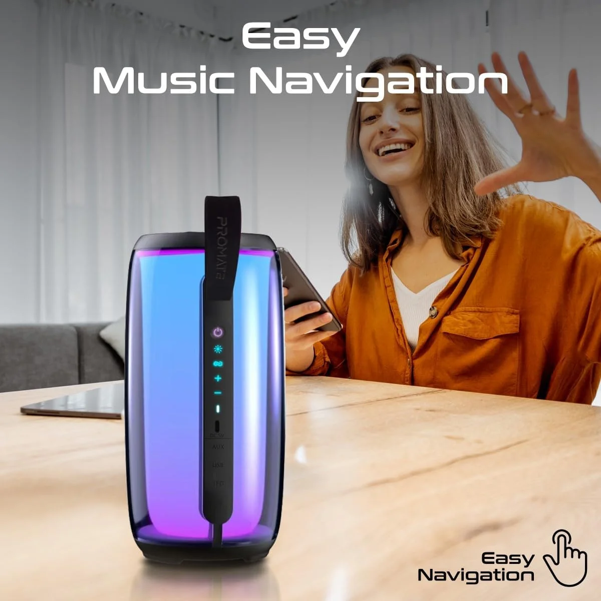 اسپیکر بلوتوثی پرومیت مدل LumiTower، اسپیکر بیسیم قابل حمل HD با توان 8 وات و نورهای RGB، بلوتوث نسخه 5.3، زمان پخش طولانی، ناوبری سریع موسیقی، مقاوم در برابر آب، پورت USB و اسلات کارت TF برای آیفون اسپیکر بلوتوثی پرومیت مدل LumiTower، اسپیکر بیسیم قابل حمل HD با توان 8 وات و نورهای RGB، بلوتوث نسخه 5.3، زمان پخش طولانی، ناوبری سریع موسیقی، مقاوم در برابر آب، پورت USB و اسلات کارت TF برای آیفون