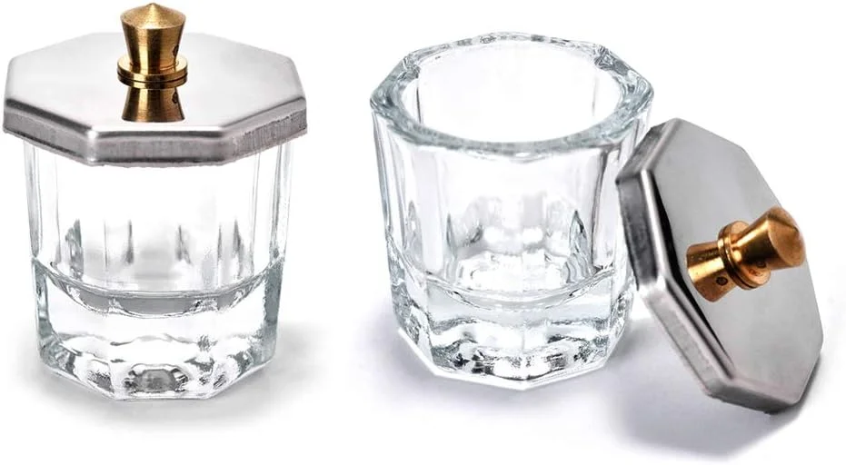 کاسه کوچک شیشه ای کالولاری برای پودر اکریلیک ناخن، 2 عدد ظرف کریستالی شیشه ای با درب استیل ضد زنگ، ابزار شیشه ای کاسه کریستالی پودر مایع اکریلیک ناخن برای مانیکور ناخن