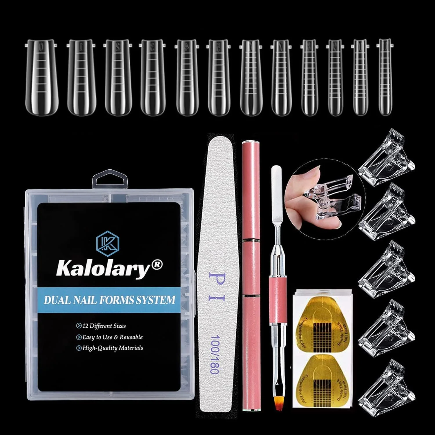 مجموعه قالب های دوگانه ناخن Kalolary، ۱۲۰ عدد قالب اکستنشن ناخن ژلی با ۵۰ عدد استیکر فرم ناخن، ۱ عدد برس دو طرفه ناخن، ۱ عدد سوهان ناخن و ۵ عدد گیره ناخن برای اکستنشن ناخن های اکریلیک