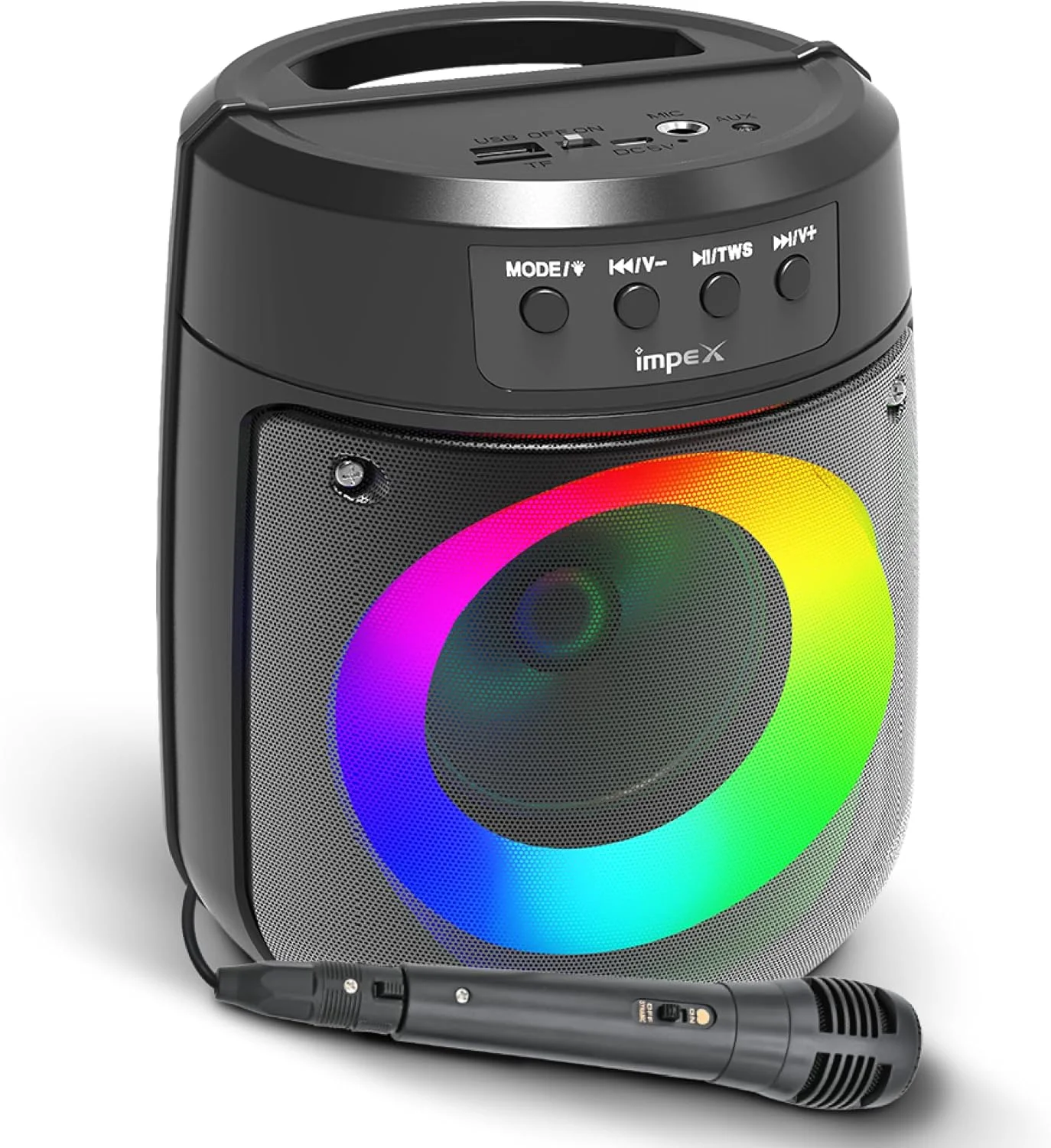 اسپیکر بلوتوث قابل حمل Impex، 500W PMPO، اسپیکر بی سیم 4 اینچی با نور حلقه جادویی، باتری 1200mAh، بلوتوث 5.1، USB/Micro SD/AUX/FM/MIC/TWS، شارژ Type-C، میکروفون سیمی، برد 10 متری، مشکی - TS 1106 اسپیکر بلوتوث قابل حمل Impex، 500W PMPO، اسپیکر بی سیم 4 اینچی با نور حلقه جادویی، باتری 1200mAh، بلوتوث 5.1، USB/Micro SD/AUX/FM/MIC/TWS، شارژ Type-C، میکروفون سیمی، برد 10 متری، مشکی - TS 1106