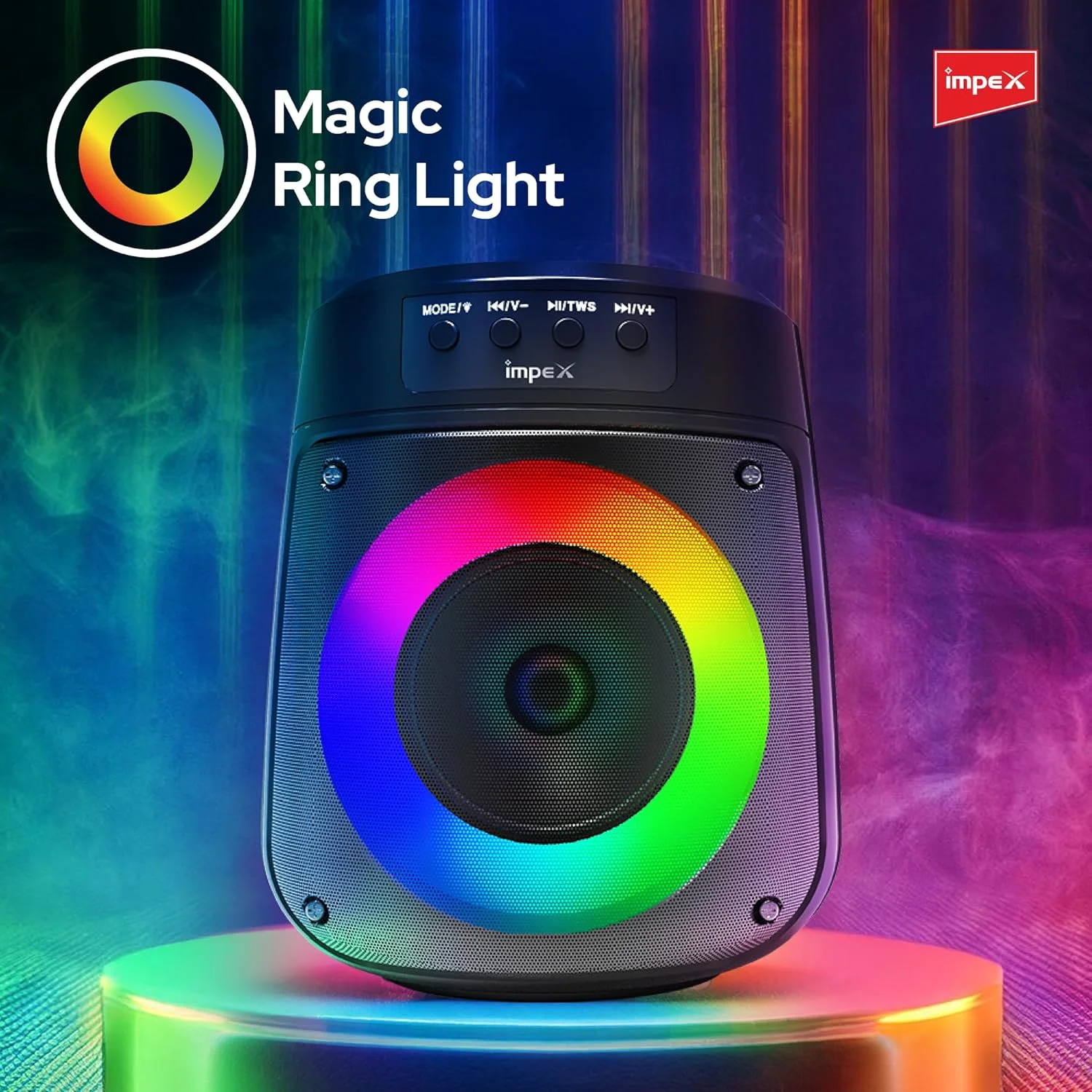 اسپیکر بلوتوث قابل حمل Impex، 500W PMPO، اسپیکر بی سیم 4 اینچی با نور حلقه جادویی، باتری 1200mAh، بلوتوث 5.1، USB/Micro SD/AUX/FM/MIC/TWS، شارژ Type-C، میکروفون سیمی، برد 10 متری، مشکی - TS 1106 اسپیکر بلوتوث قابل حمل Impex، 500W PMPO، اسپیکر بی سیم 4 اینچی با نور حلقه جادویی، باتری 1200mAh، بلوتوث 5.1، USB/Micro SD/AUX/FM/MIC/TWS، شارژ Type-C، میکروفون سیمی، برد 10 متری، مشکی - TS 1106
