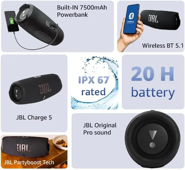 اسپیکر بلوتوثی قابل حمل JBL Charge 5 با بیس عمیق، ضد آب و گرد و غبار IP67، 20 ساعت پخش موسیقی، پاوربانک داخلی، آبی اسپیکر بلوتوثی قابل حمل JBL Charge 5 با بیس عمیق، ضد آب و گرد و غبار IP67، 20 ساعت پخش موسیقی، پاوربانک داخلی، آبی