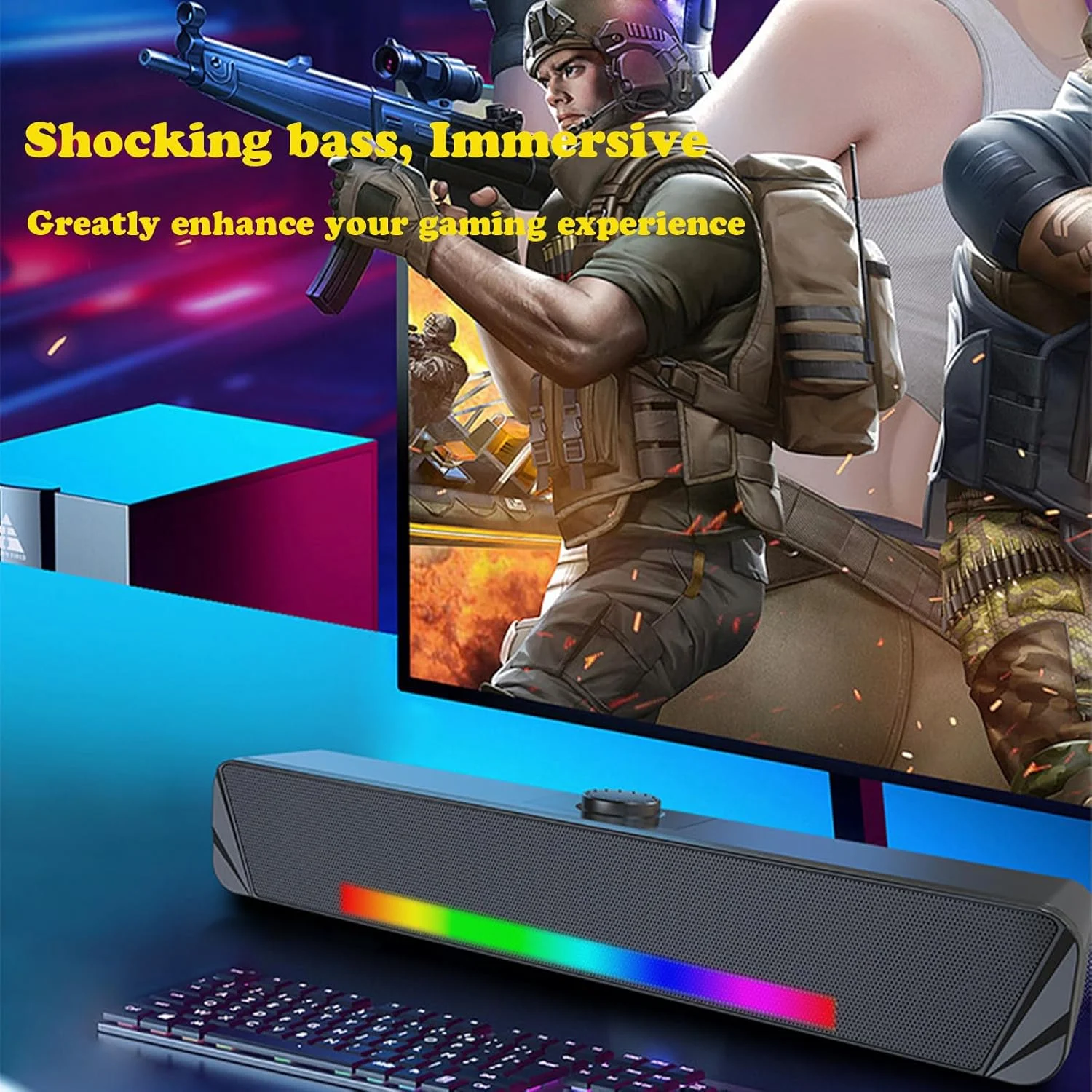 اسپیکرهای کامپیوتر قابل حمل با نور RGB، اتصال بلوتوث/سیمی، استریو HiFi با تغذیه USB، ساندبار رومیزی برای مانیتور، تلفن، کامپیوتر، لپ تاپ