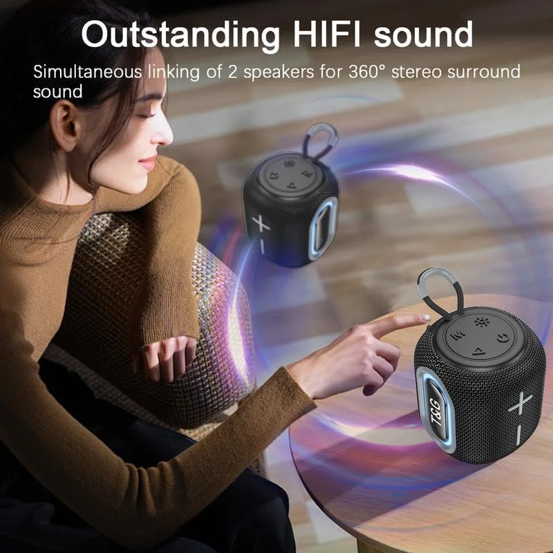 اسپیکر بلوتوثی قابل حمل 5.0، ساب ووفر مینی بی سیم جفت شونده دوگانه با حالت های نور چندگانه LED، TWS، کارت FM/TF/U Disk – صدای فراگیر 360 درجه HD، 24 ساعت پخش – ایده آل برای مسافرت، کمپینگ، مهمانی