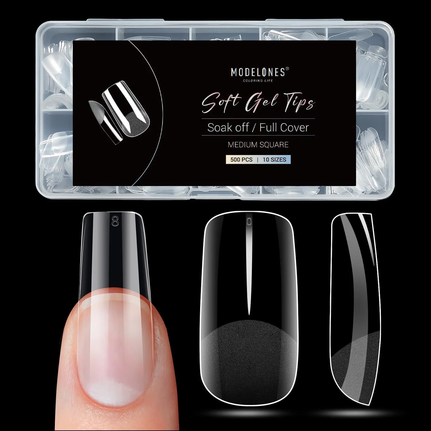 تیپ ناخن مربعی متوسط Modelones - 500 عدد تیپ ناخن مصنوعی نیمه مات از پیش شکل داده شده با پوشش کامل، کیت ژل اکریلیک برای کاشت ناخن در سالن