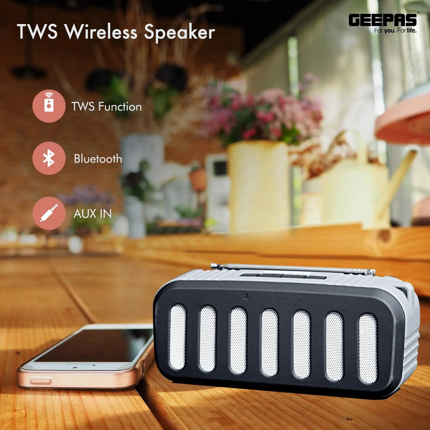 اسپیکر بلوتوثی قابل شارژ Geepas GMS11184 - اسپیکرهای بی سیم قابل حمل با زمان پخش طولانی، باتری 1200 میلی آمپر ساعتی با بیس قدرتمند، پخش کارت TF، AUX، USB - بلندگوی قوی برای مهمانی های خانگی و فضای باز