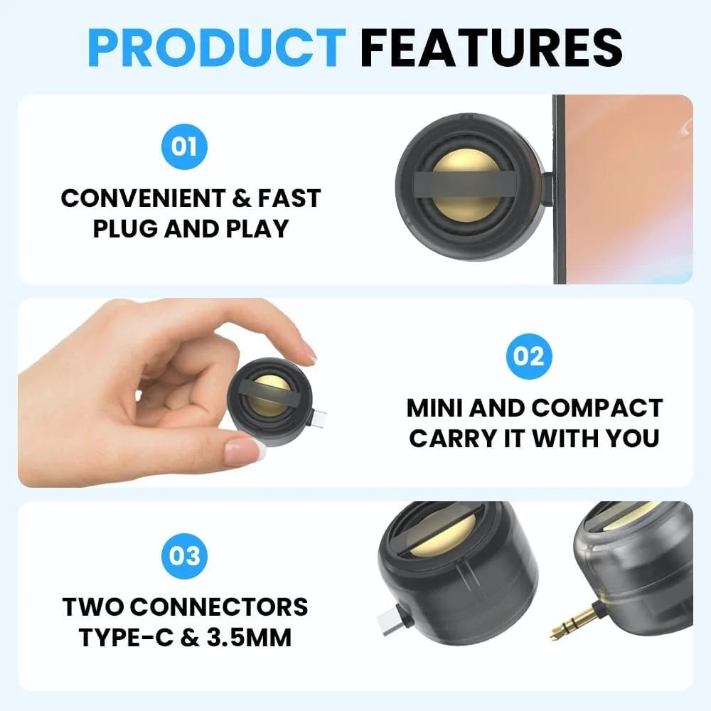 تقویت کننده صدای قابل حمل 5X – اتصال آسان برای موسیقی/تماس، تقویت کننده صدای تلفن همراه با پورت 3.5 میلی متری/Type-C برای تلفن های هوشمند، تبلت و لپ تاپ (1 عدد مشکی، Type-C)