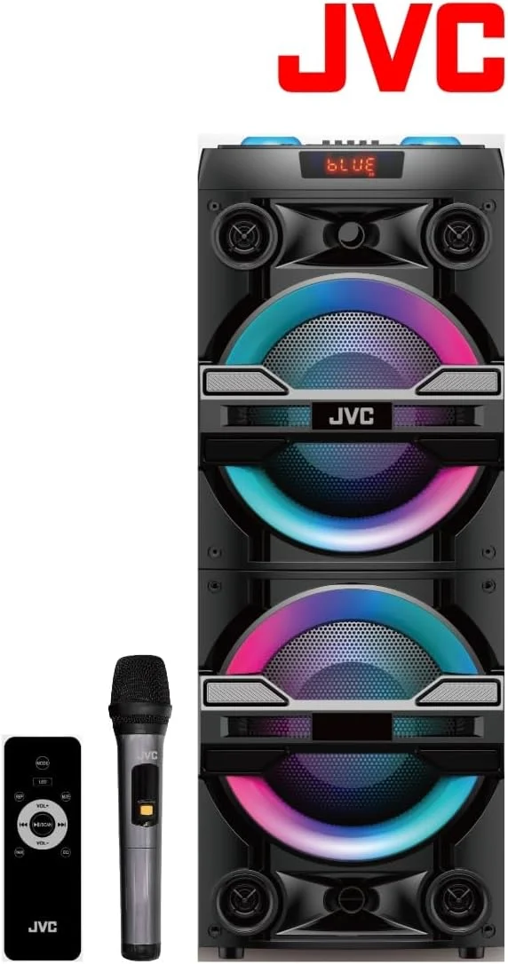 اسپیکر مهمانی بلوتوثی قابل حمل JVC با خروجی 2000 وات PMPO، باتری با 6 ساعت پخش مداوم، چراغ های LED حساس به صدا و میکروفون قابل حمل - XS-N6113PB