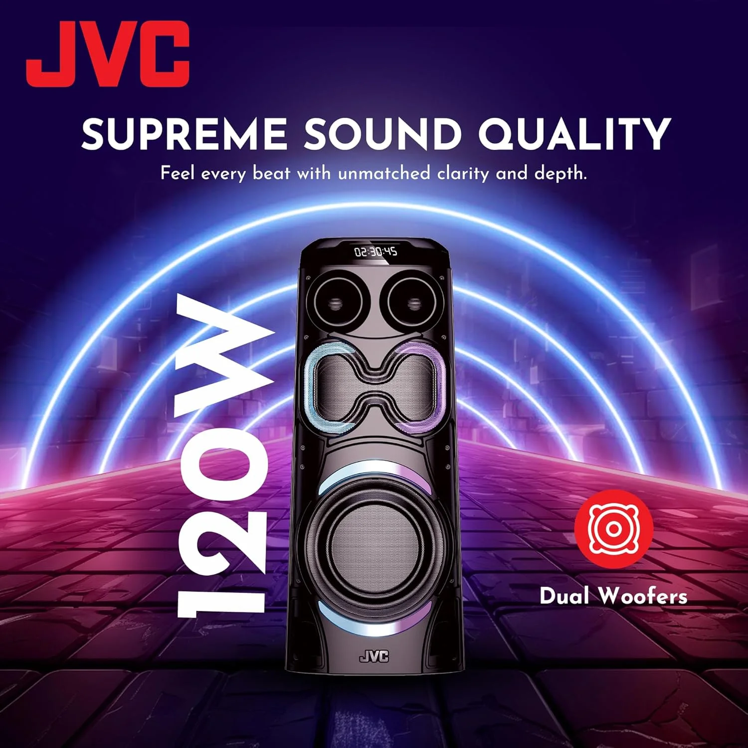اسپیکر بلوتوثی مهمانی قابل حمل JVC با خروجی قدرتمند 2400W PMPO | دارای چراغ های LED حساس به صدا با میکروفون بی سیم مدل XS-N6112PB