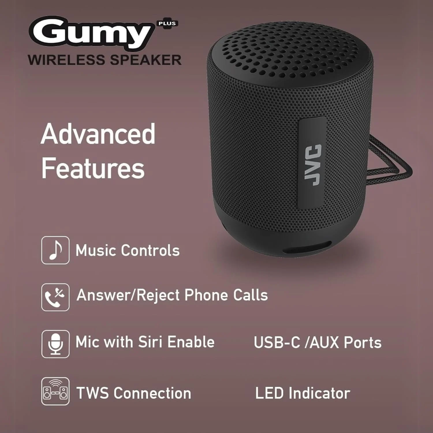 اسپیکر بی سیم قابل حمل JVC Gumy Plus با درایور 45 میلی متری برای صدای فراگیر قدرتمند، بلوتوث 5.3، سبک وزن، قابلیت TWS، USB-C، ورودی AUX و عمر باتری تا 16 ساعت - مدل SPSG2BTB (مشکی) اسپیکر بی سیم قابل حمل JVC Gumy Plus با درایور 45 میلی متری برای صدای فراگیر قدرتمند، بلوتوث 5.3، سبک وزن، قابلیت TWS، USB-C، ورودی AUX و عمر باتری تا 16 ساعت - مدل SPSG2BTB (مشکی)
