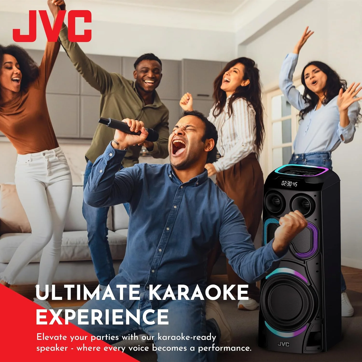 اسپیکر بلوتوثی مهمانی قابل حمل JVC با خروجی قدرتمند 2400W PMPO | دارای چراغ های LED حساس به صدا با میکروفون بی سیم مدل XS-N6112PB