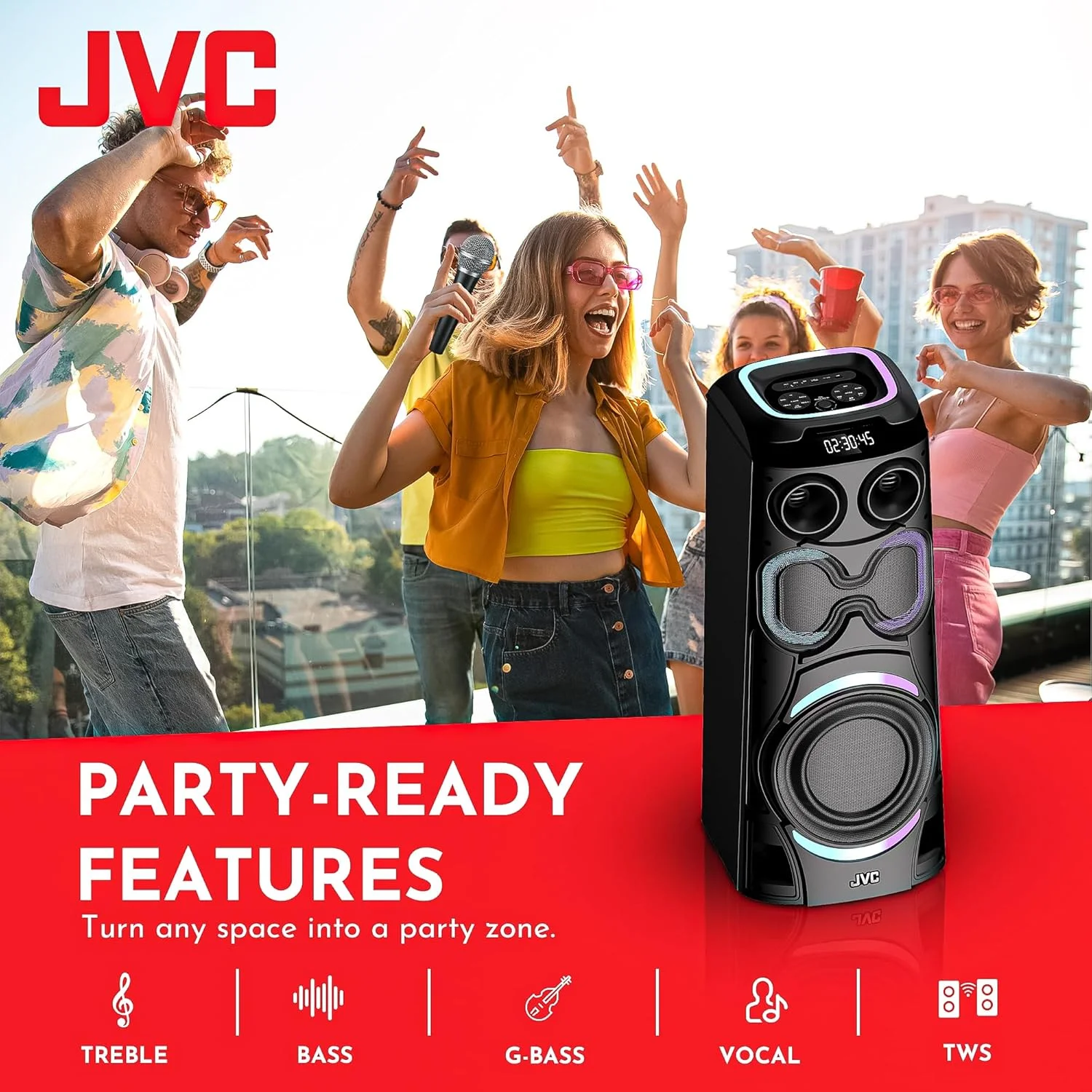 اسپیکر بلوتوثی مهمانی قابل حمل JVC با خروجی قدرتمند 2400W PMPO | دارای چراغ های LED حساس به صدا با میکروفون بی سیم مدل XS-N6112PB