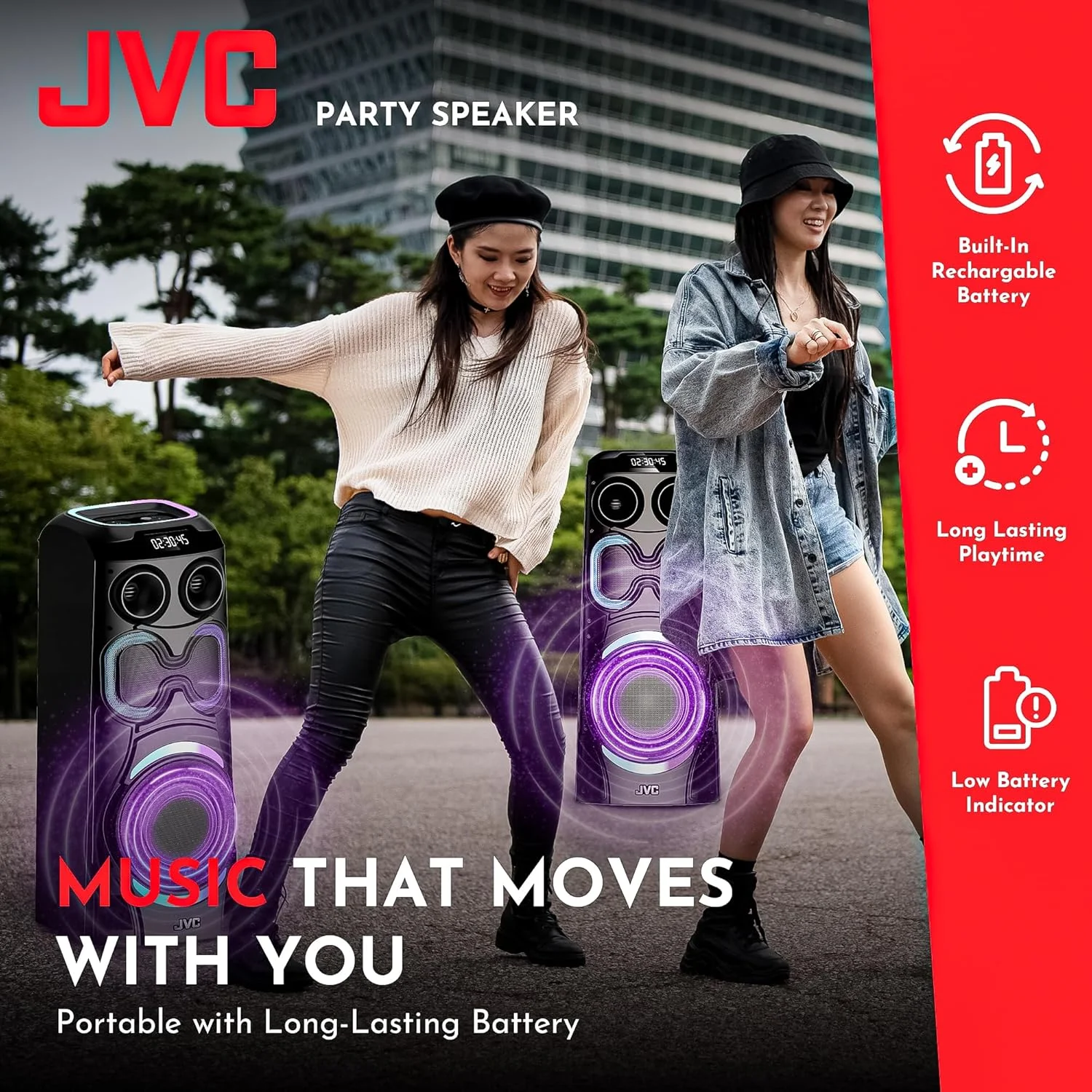 اسپیکر بلوتوثی مهمانی قابل حمل JVC با خروجی قدرتمند 2400W PMPO | دارای چراغ های LED حساس به صدا با میکروفون بی سیم مدل XS-N6112PB
