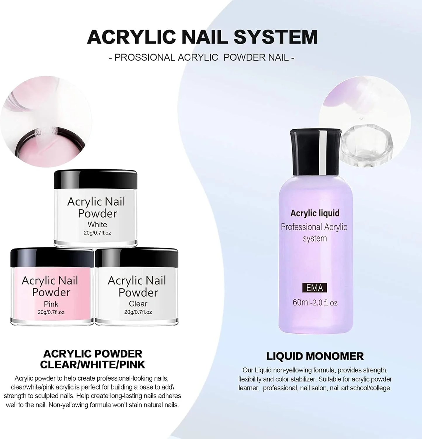 ست پودر اکریلیک و لیکوئید مانومر حرفه ای MAGIC ARMOR با برس و تیپ ناخن اکریلیک برای کاشت ناخن اکریلیک، کیت مبتدی ست پودر اکریلیک و لیکوئید مانومر حرفه ای MAGIC ARMOR با برس و تیپ ناخن اکریلیک برای کاشت ناخن اکریلیک، کیت مبتدی