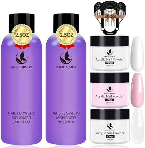 ست پودر اکریلیک و کیت ناخن اکریلیک MAGIC ARMOR و مونومر مایع حرفه ای - 3 رنگ پودر اکریلیک، مونومر مایع 5oz، سیستم ناخن اکریلیک برای کیت اکستنشن ناخن های اکریلیک