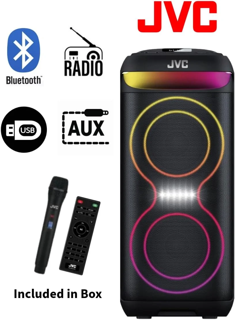 اسپیکر مهمانی 2*6.5 اینچی JVC مدل XS-N4213PB (توان خروجی 1200W)، دارای چراغ های LED، میکروفون بی سیم و کنترل از راه دور اسپیکر مهمانی 2*6.5 اینچی JVC مدل XS-N4213PB (توان خروجی 1200W)، دارای چراغ های LED، میکروفون بی سیم و کنترل از راه دور
