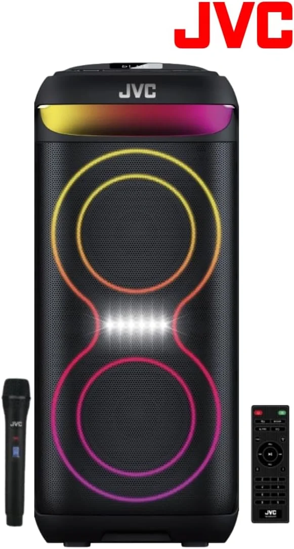 اسپیکر مهمانی 2*6.5 اینچی JVC مدل XS-N4213PB (توان خروجی 1200W)، دارای چراغ های LED، میکروفون بی سیم و کنترل از راه دور اسپیکر مهمانی 2*6.5 اینچی JVC مدل XS-N4213PB (توان خروجی 1200W)، دارای چراغ های LED، میکروفون بی سیم و کنترل از راه دور
