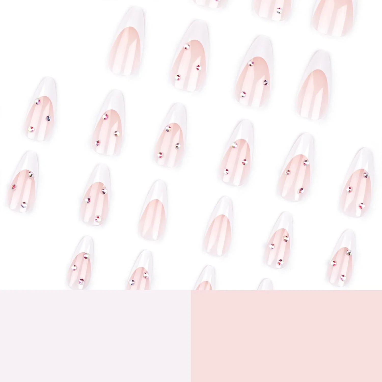 ناخن مصنوعی چسبی، 24 عددی، طرح فرانسوی مینیمال با نوک سفید و تزیینات الماس درخشان به شکل بادامی، ناخن های اکریلیک مصنوعی با چسب