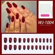 ناخن مصنوعی 24 عددی، قرمز مارون متوسط، ناخن های براق چسبی با پوشش کامل و طرح دار، ناخن های اکریلیک برای زنان