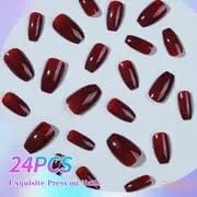 ناخن مصنوعی 24 عددی، قرمز مارون متوسط، ناخن های براق چسبی با پوشش کامل و طرح دار، ناخن های اکریلیک برای زنان