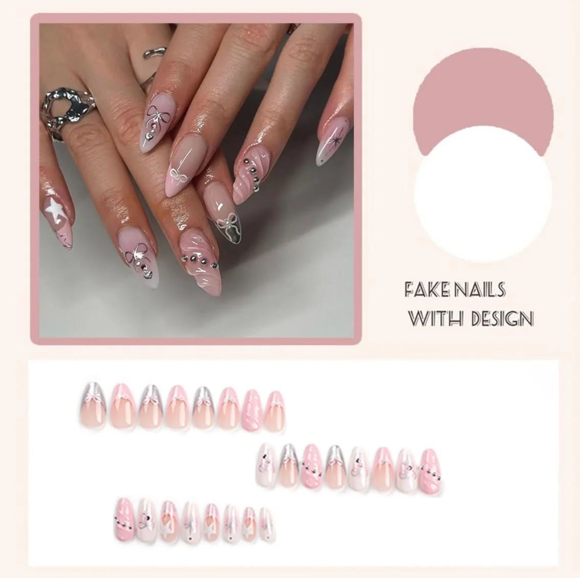 ناخن مصنوعی چسبی، طراحی قطره آب سه بعدی با رنگ سرد، ناخن های مصنوعی بادامی شکل، 24 عدد ناخن اکریلیک مصنوعی با چسب