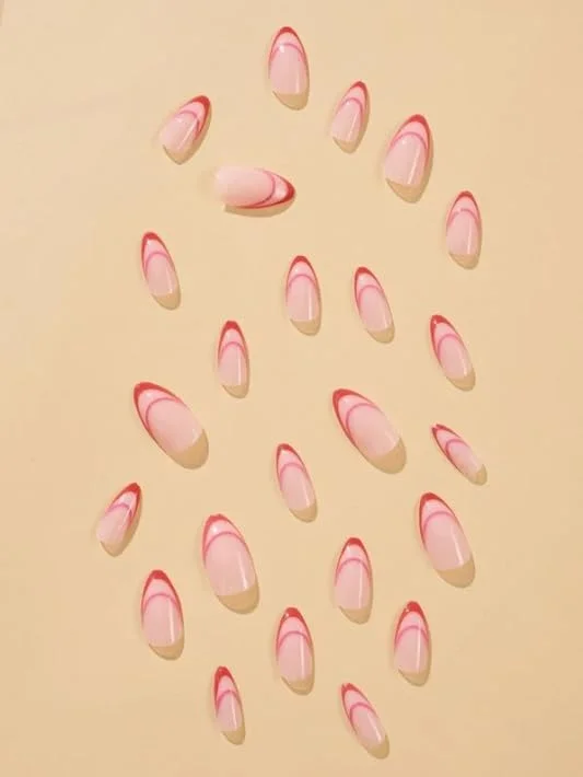 ناخن مصنوعی بادامی متوسط رنگ ثابت براق گرادیانی 24 عددی، ناخن مصنوعی فرنچ مانیکور متوسط، ناخن های اکریلیک مصنوعی با کیت چسب، طراحی ناخن صورتی مد روز