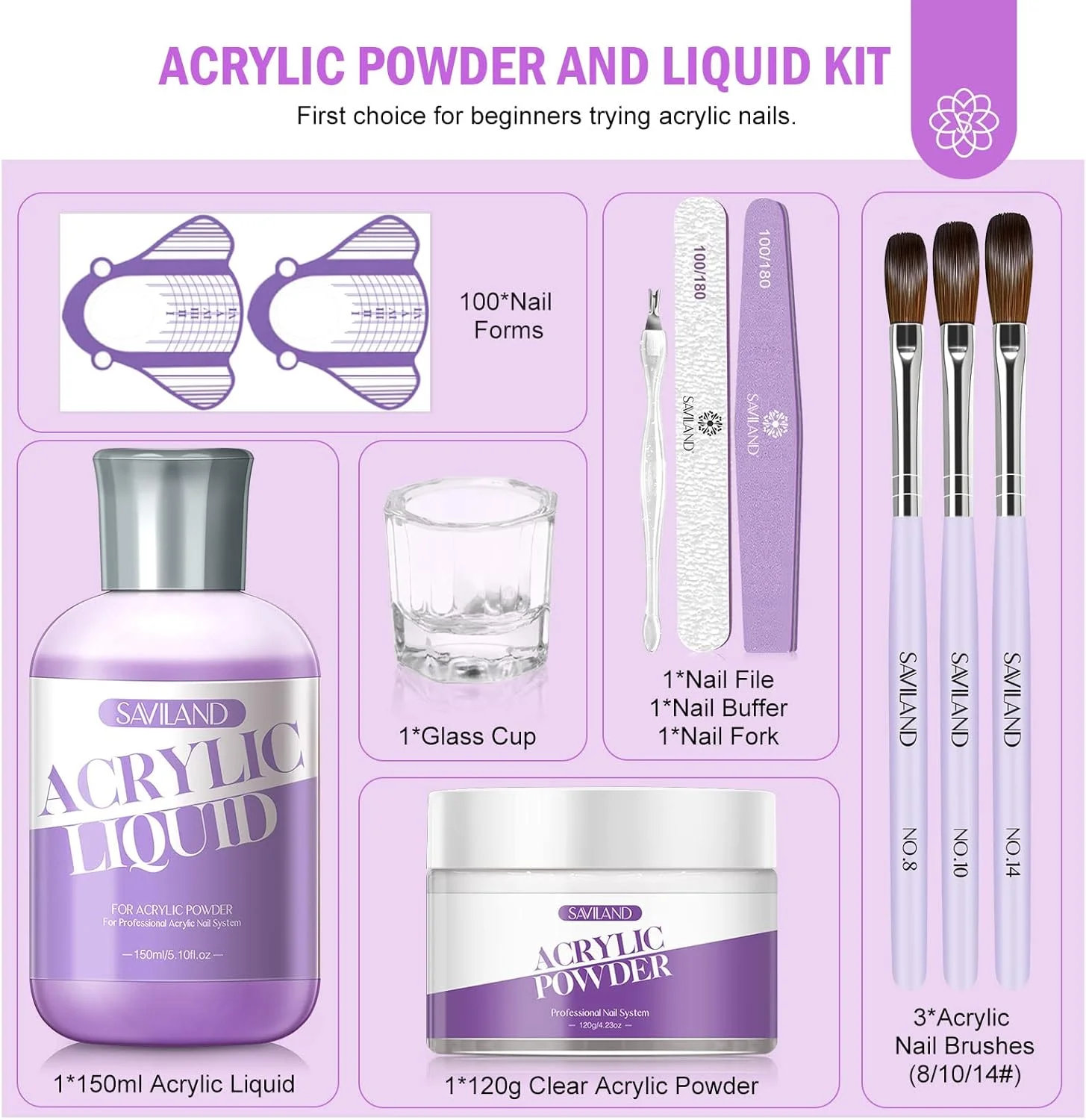 ست مبتدی طراحی ناخن اکریلیک هالووین ساویلند امارات: پودر شفاف 120 گرمی، مونومر 150 میلی لیتری - برس ها و 100 عدد قالب برای طراحی سه بعدی تار عنکبوت/ماه، اکستنشن مانیکور DIY