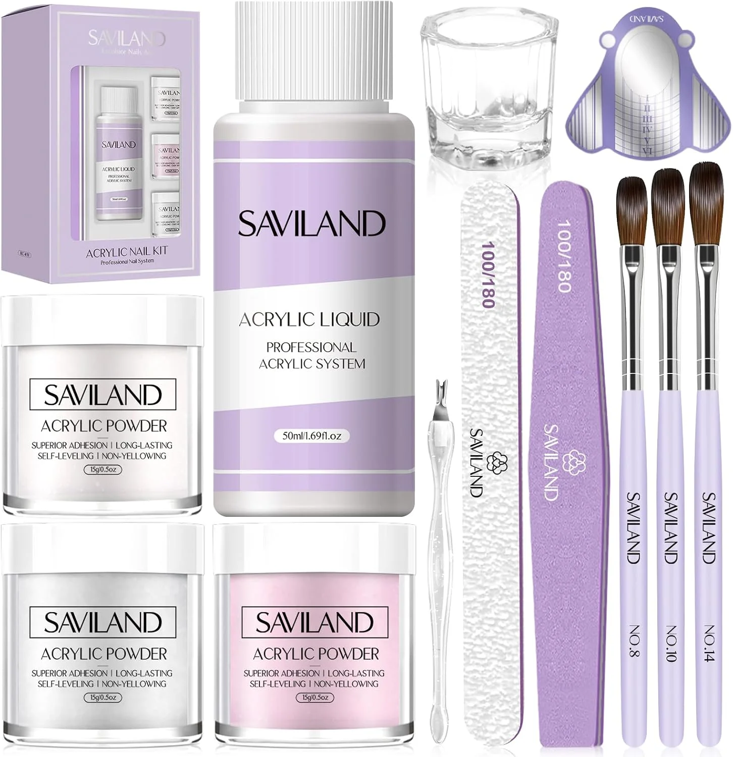کیت ناخن اکریلیک مبتدی SAVILAND Essentials با پودر سفید صورتی شفاف و ست مایع، قلم موی ناخن شماره 8/10/14 و ابزار مانیکور برای DIY خانگی