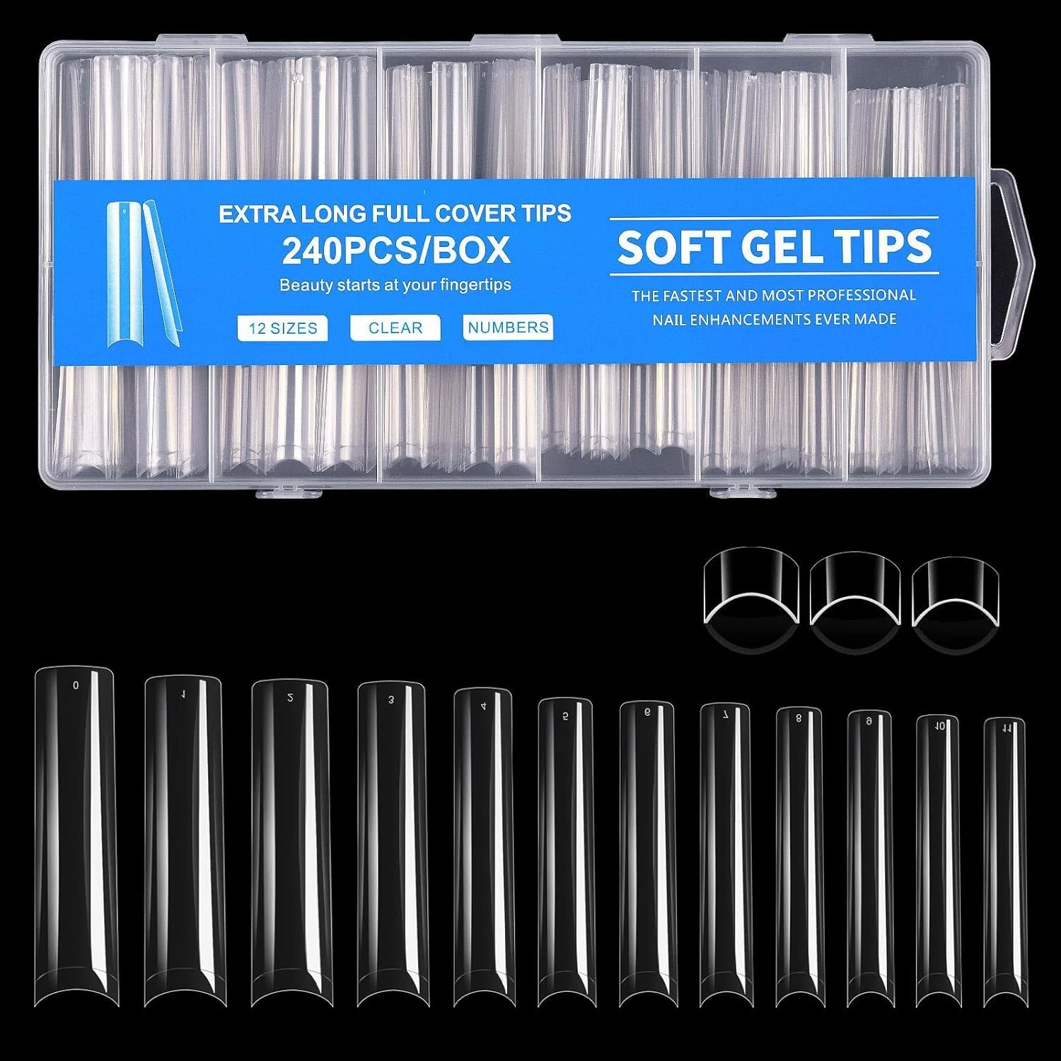 240 عدد تیپ ناخن ژلی نرم مربعی، ناخن های مصنوعی مربعی بلند، 12 سایز بدون منحنی C، ناخن های اکریلیک فرانسوی مخروطی پوشش نیمه برای مبتدیان و حرفه ای ها، اکستنشن ناخن مستقیم شفاف برای سالن خانگی DIY