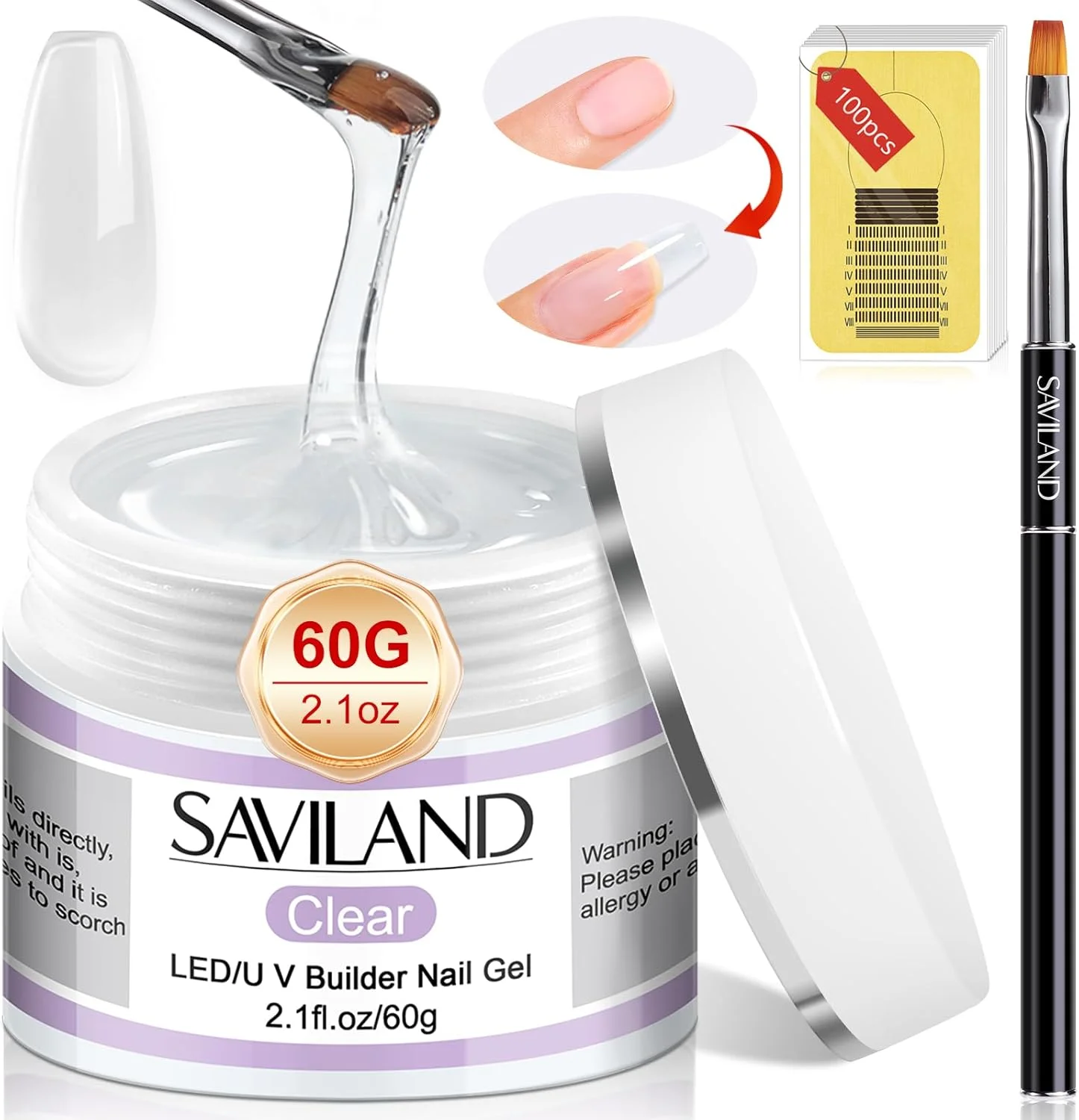 ست ژل بیلدر ناخن ساویلند - ژل اکستنشن ناخن شفاف 60 گرمی، تقویت کننده ناخن، ست مانیکور طراحی ناخن با 100 عدد فرمر ناخن و برس ناخن اکریلیک برای مبتدیان