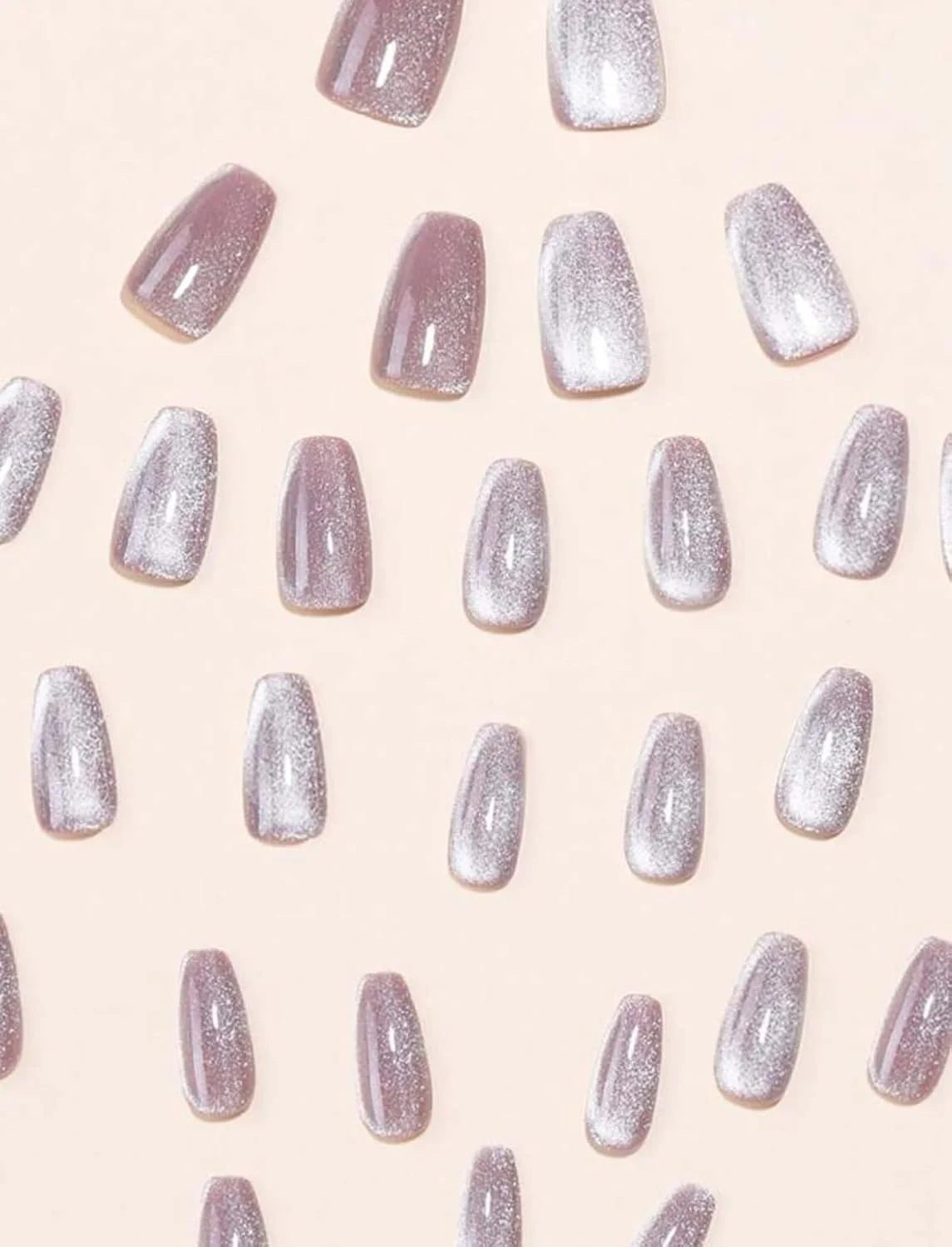 ناخن مصنوعی مربعی رنگ یکدست براق 24 عددی، ناخن مصنوعی متوسط صورتی طبیعی کروم براق کره ای، ناخن های اکریلیک مصنوعی با چسب