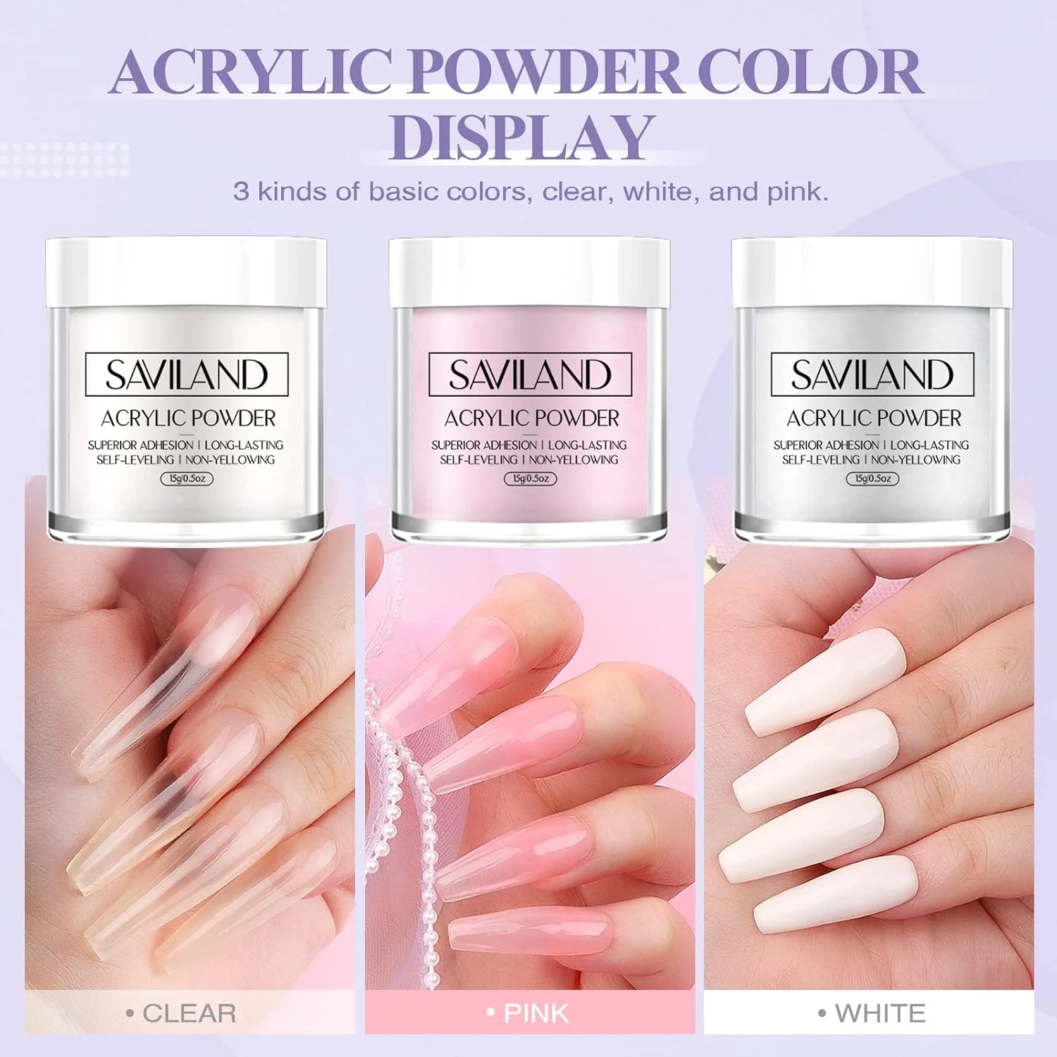 کیت ناخن اکریلیک مبتدی SAVILAND Essentials با پودر سفید صورتی شفاف و ست مایع، قلم موی ناخن شماره 8/10/14 و ابزار مانیکور برای DIY خانگی