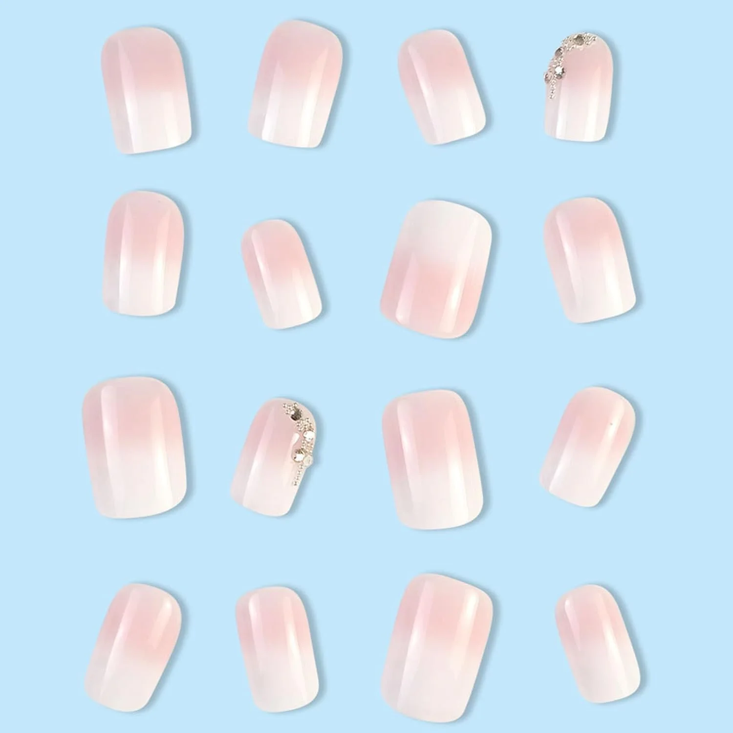ناخن مصنوعی فرنچ Tewiaii: 24 عدد ناخن چسبی با طرح های نگین دار اکلیلی - ناخن های مصنوعی صورتی مربعی اکریلیک - ناخن های مصنوعی برای زنان و دختران (استایل 3، 1)