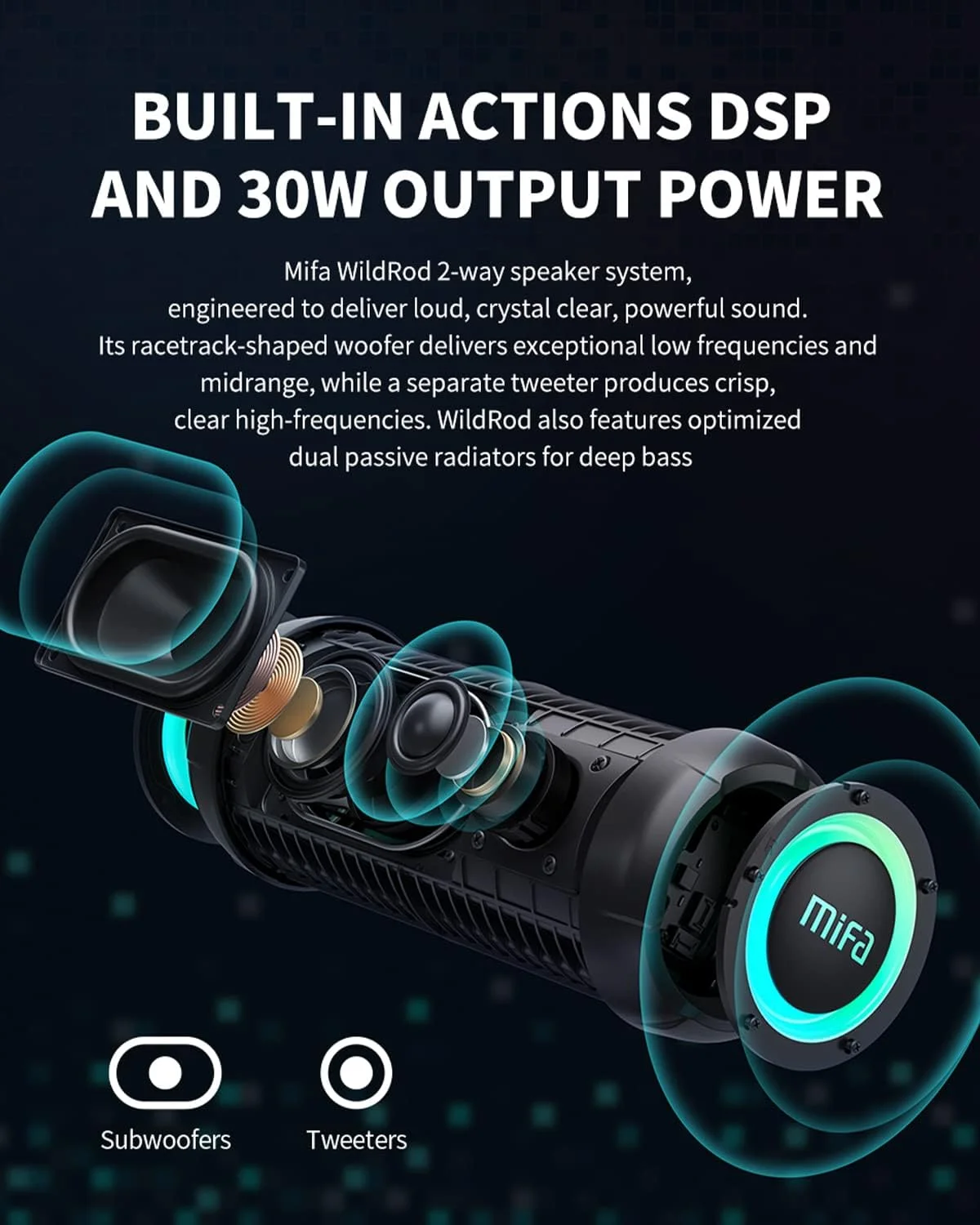 اسپیکر بلوتوث قابل حمل MIFA WildRod، ضد آب و ضد گرد و غبار IP67، شارژ USB-C، درگاه کارت Micro SD، 12 ساعت پخش، اسپیکر بی سیم با چراغ های LED برای فضای باز، کمپینگ، پیاده روی، دوچرخه سواری