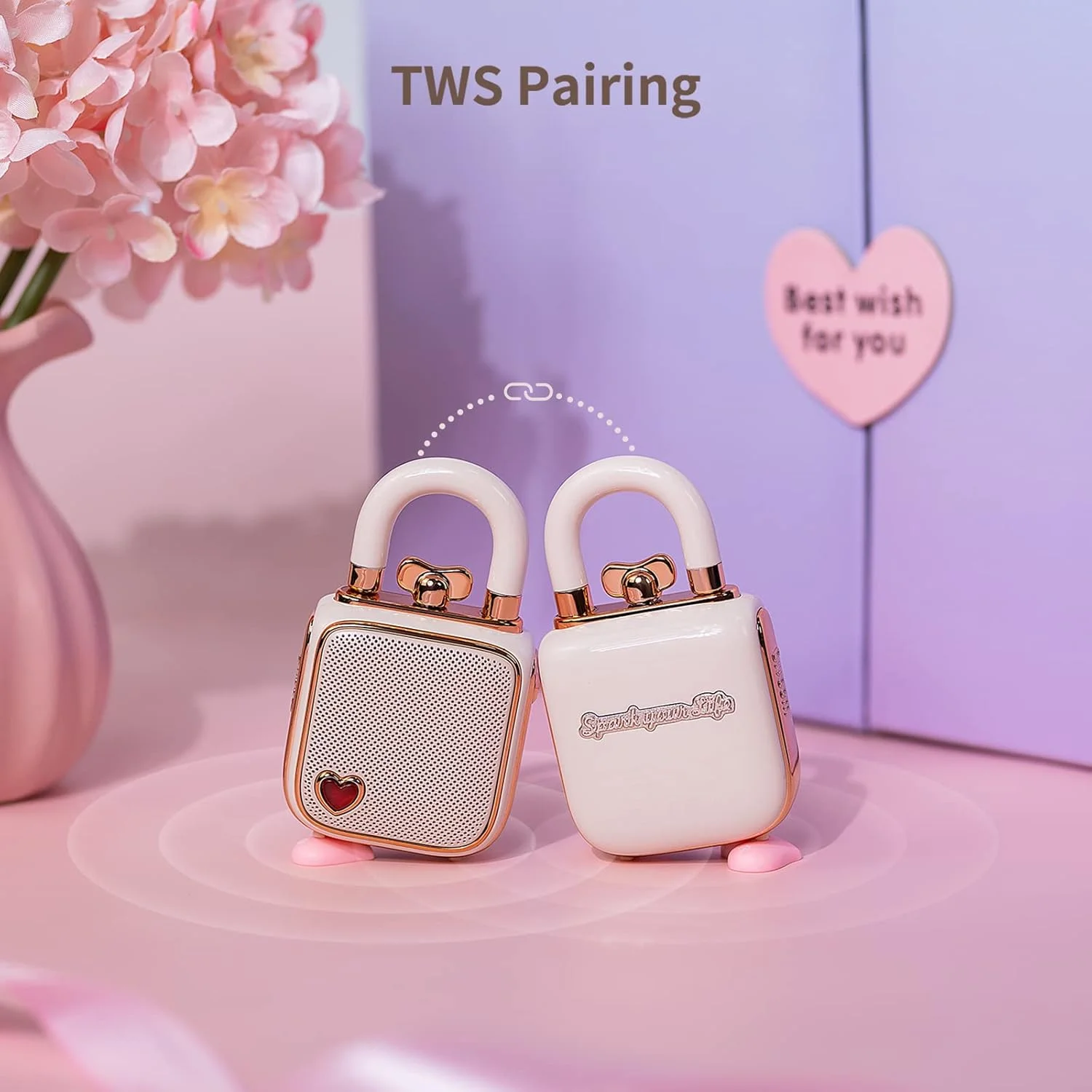 اسپیکر بلوتوثی Divoom Love-Lock، جعبه موسیقی کوچک قابل حمل، جعبه صدای استریو بی سیم، دکوراسیون رومیزی زیبا و قدیمی، برای دختران، صورتی