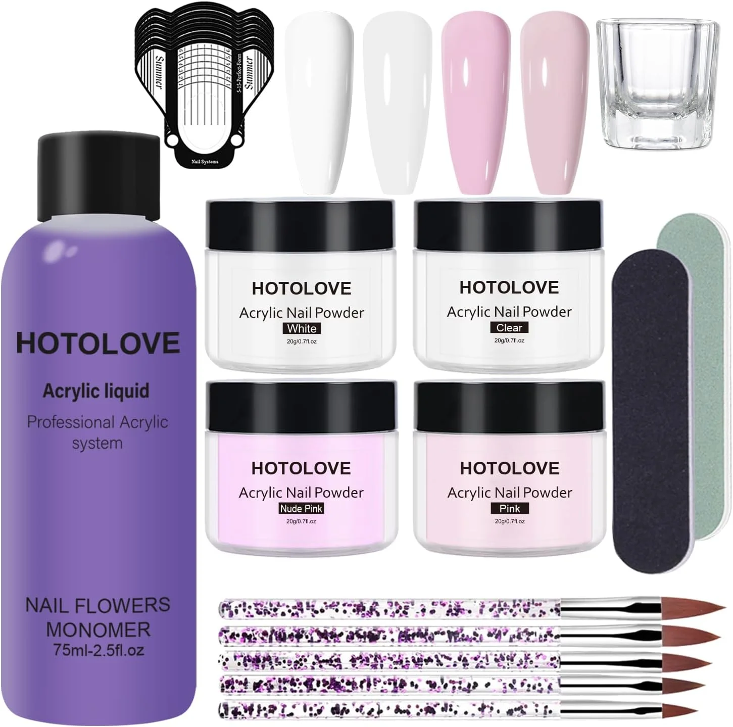 ست پودر و لیکوئید اکریلیک حرفه ای - کیت ناخن با 5 قلم مو، 4 رنگ (سفید، شفاف، صورتی، صورتی کالباسی) برای کاشت ناخن، ست طراحی فرنچ