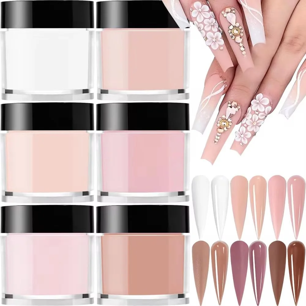 ست پودر اکریلیک ناخن با کیفیت عالی، 6 رنگ ژله ای شفاف، نود، سفید شیری و صورتی برای طراحی سه بعدی ناخن و اکستنشن فرانسوی