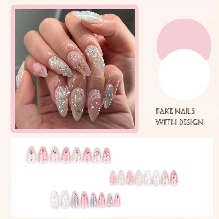 ناخن مصنوعی 24 عددی، طرح پروانه سه بعدی، ناخن های اکریلیک مصنوعی با چسب